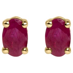 14K Yellow Gold 5x3 MM Oval Red Ruby Solitaire Stud Earrings