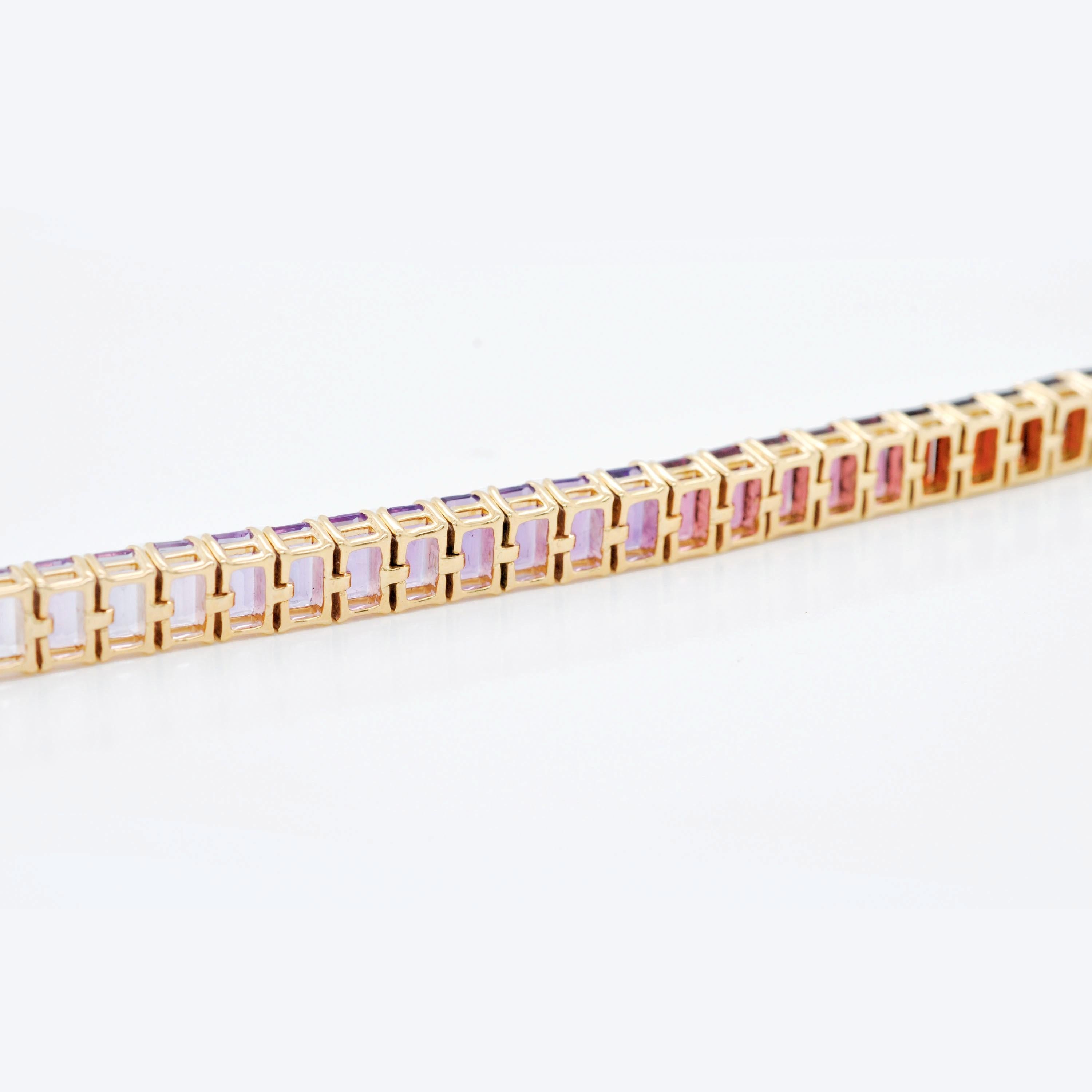14K Gelbgold 5x3 mm Achteck Regenbogen natürliche Edelsteine Tennis Gliederarmband im Angebot 6