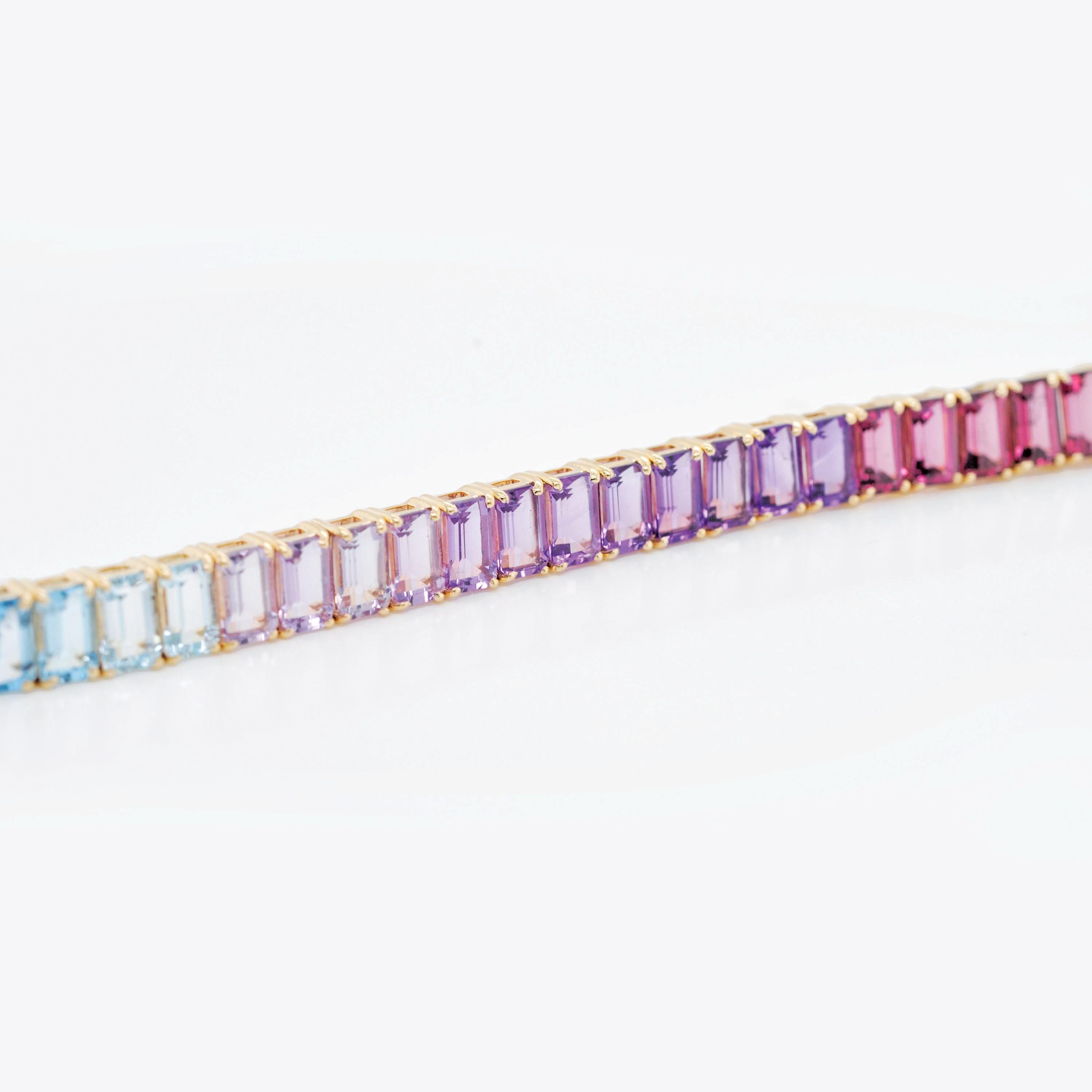 14K Gelbgold 5x3 mm Achteck Regenbogen natürliche Edelsteine Tennis Gliederarmband im Angebot 8