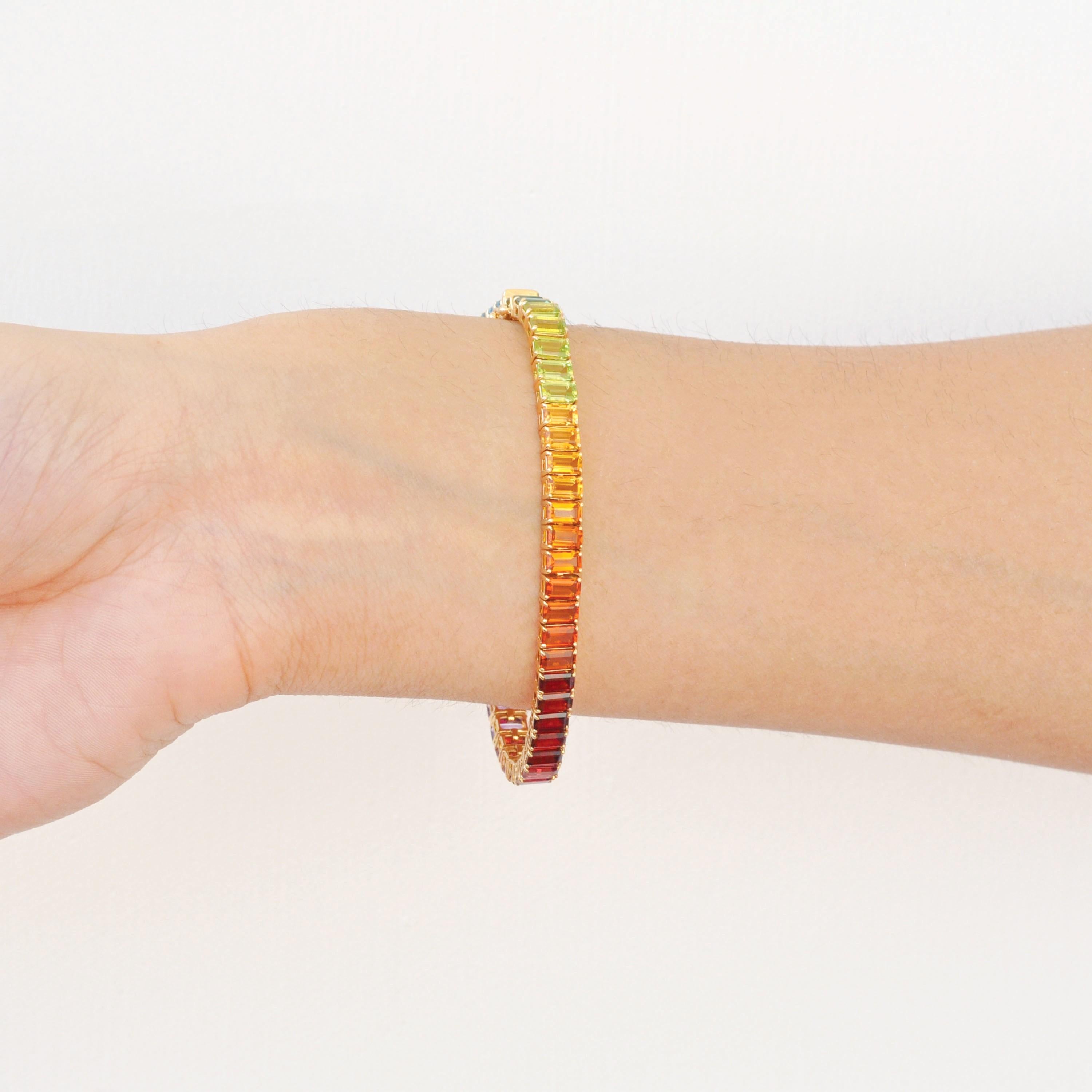 14K Gelbgold 5x3 mm Achteck Regenbogen natürliche Edelsteine Tennis Gliederarmband im Angebot 10