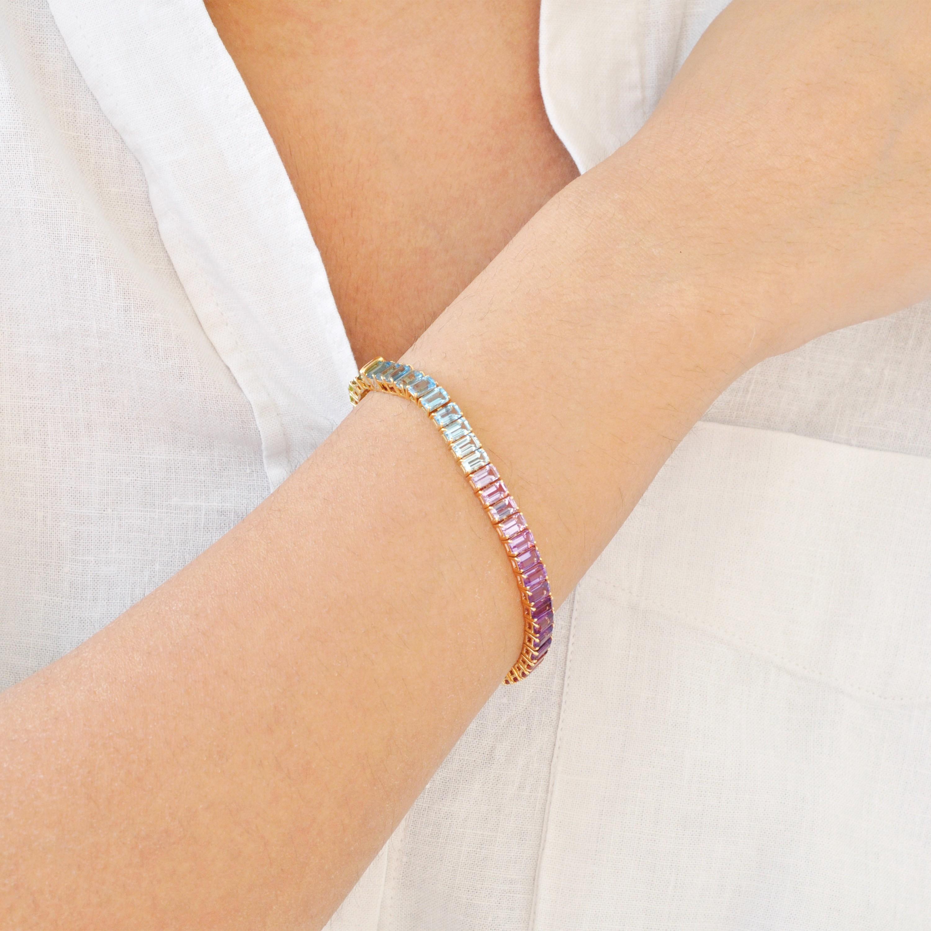 14K Gelbgold 5x3 mm Achteck Regenbogen natürliche Edelsteine Tennis Gliederarmband (Achteckschliff) im Angebot