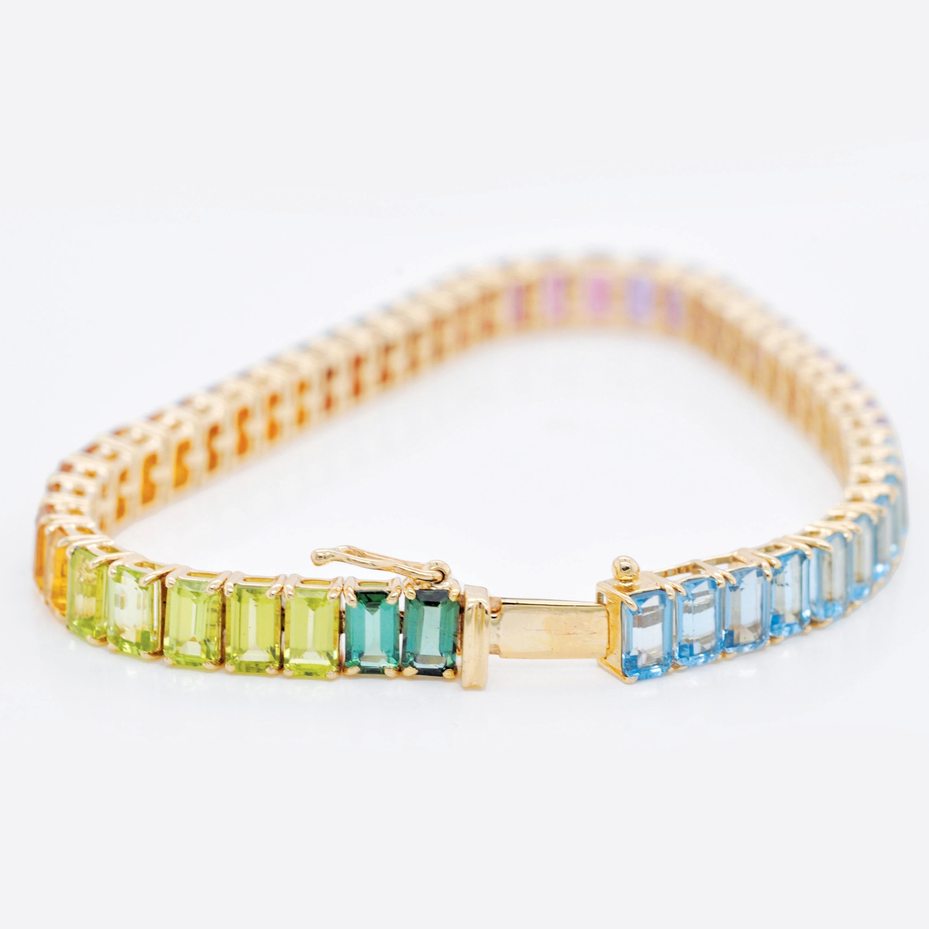 14K Gelbgold 5x3 mm Achteck Regenbogen natürliche Edelsteine Tennis Gliederarmband im Zustand „Neu“ im Angebot in Jaipur, Rajasthan