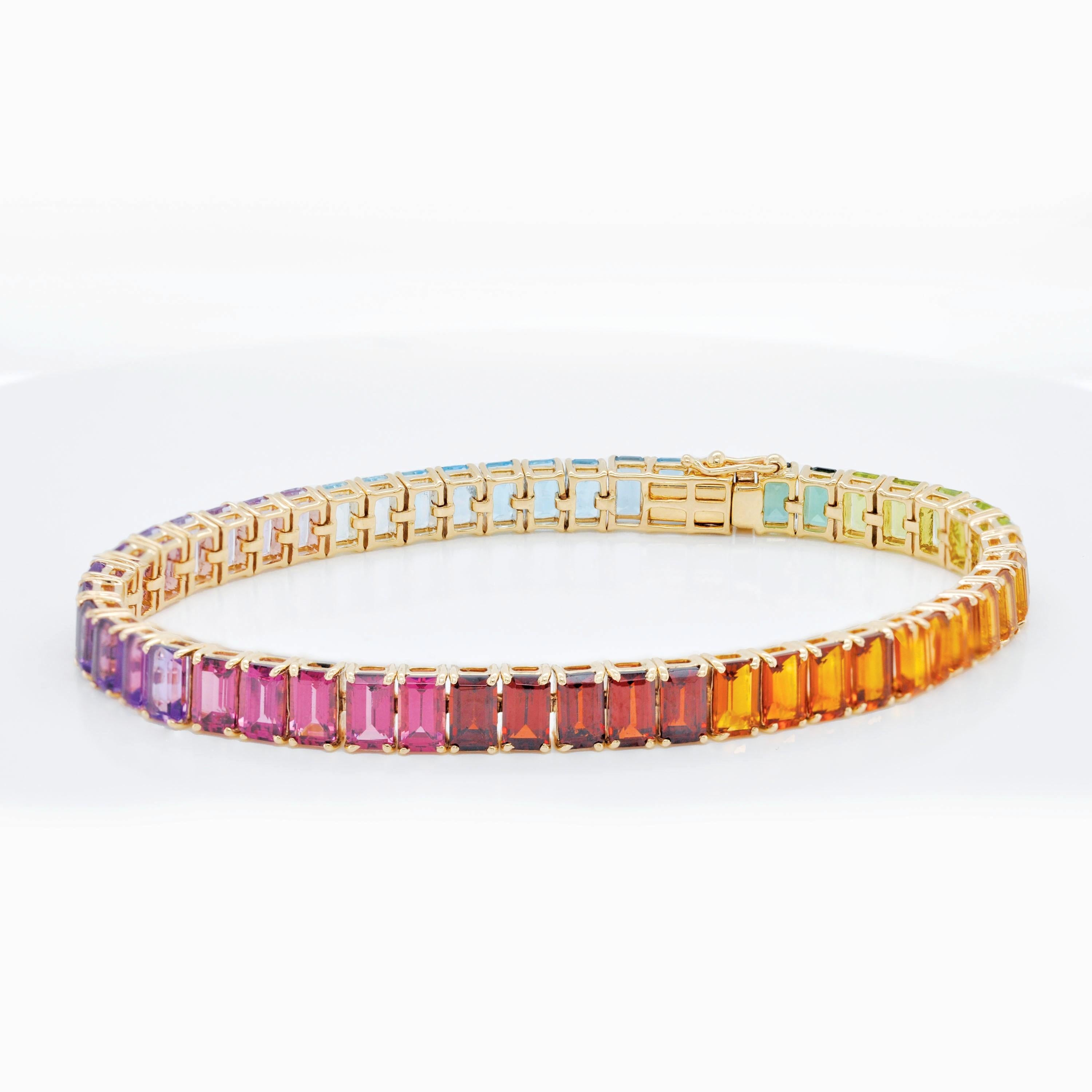 14K Gelbgold 5x3 mm Achteck Regenbogen natürliche Edelsteine Tennis Gliederarmband für Damen oder Herren im Angebot