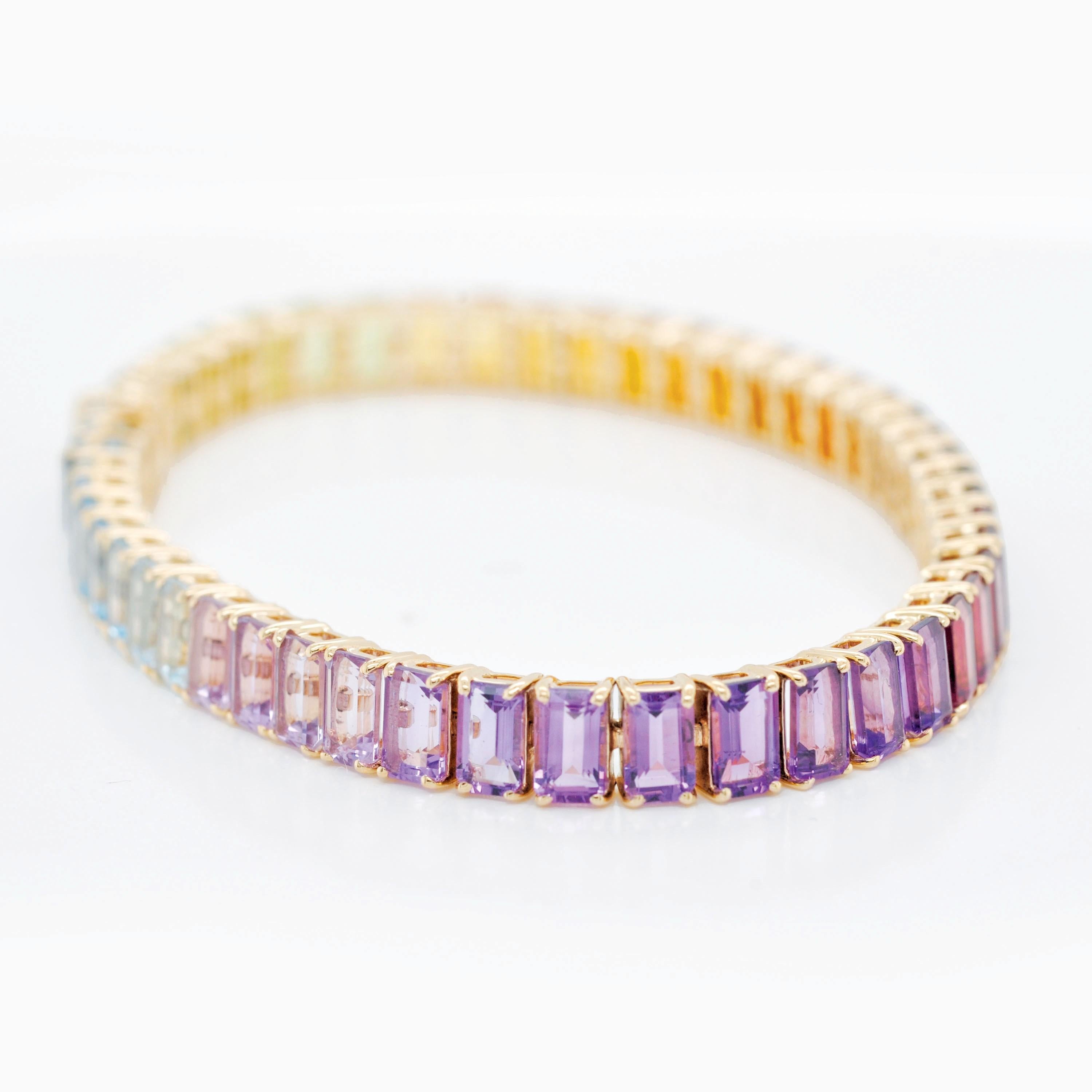 14K Gelbgold 5x3 mm Achteck Regenbogen natürliche Edelsteine Tennis Gliederarmband im Angebot 1