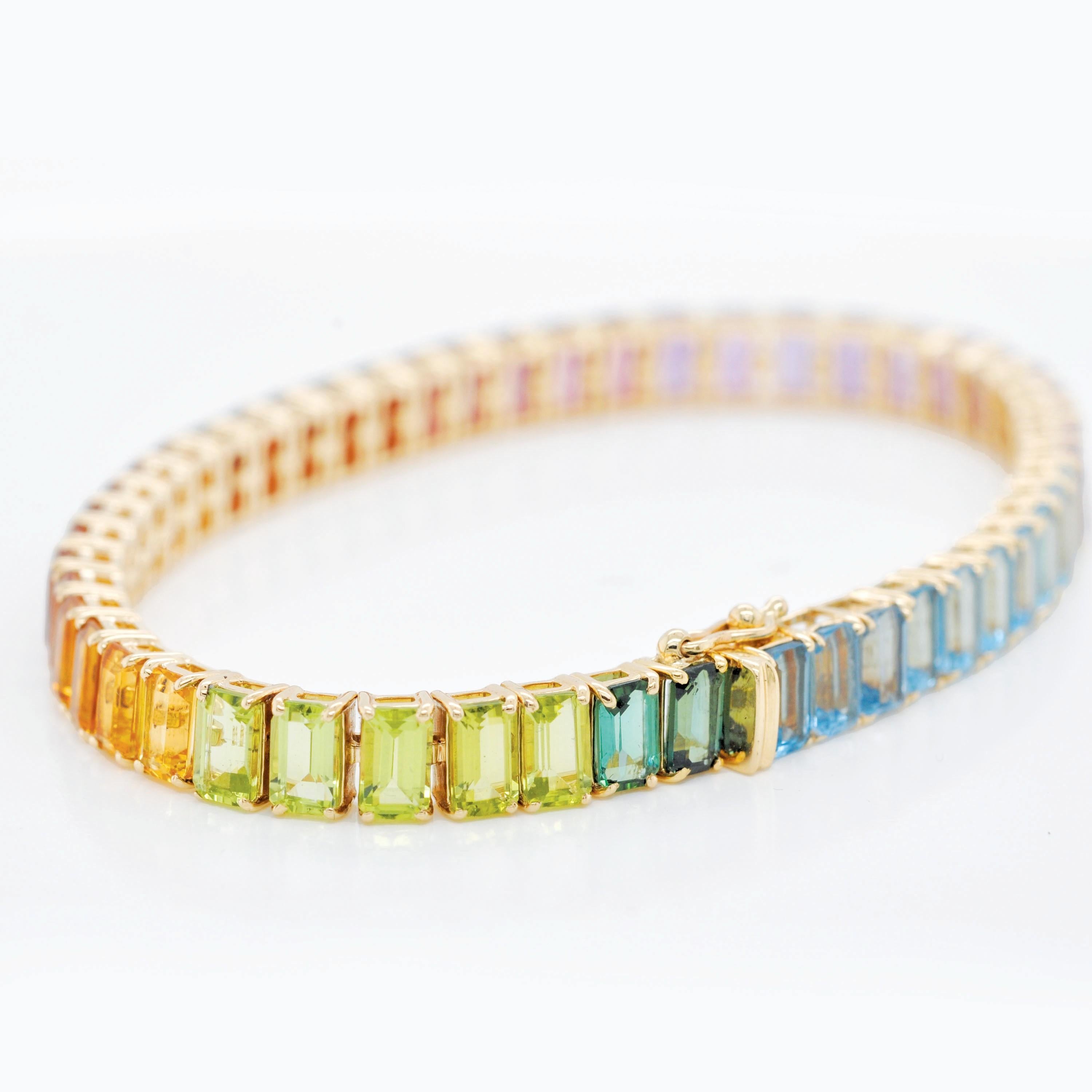 14K Gelbgold 5x3 mm Achteck Regenbogen natürliche Edelsteine Tennis Gliederarmband im Angebot 2