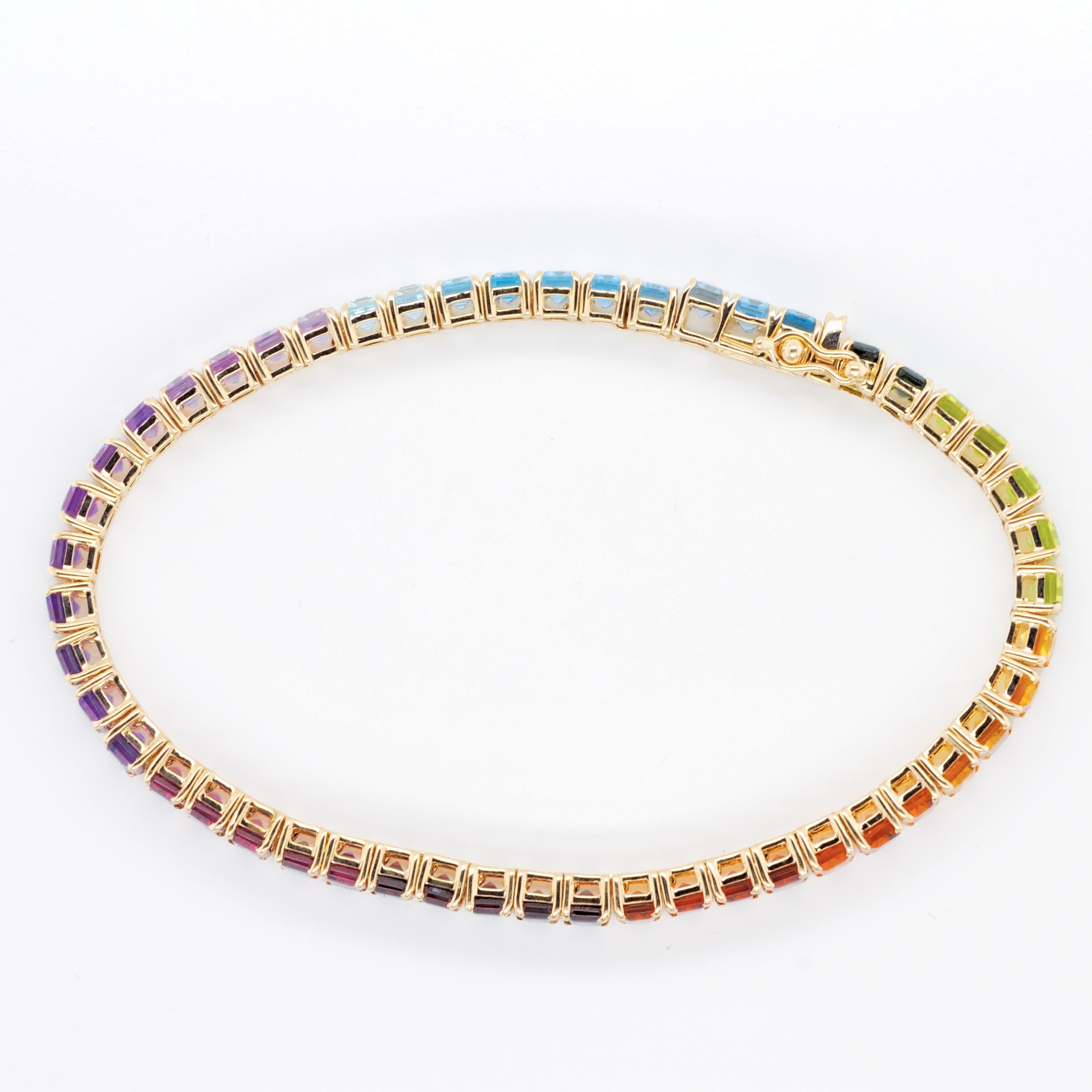 14K Gelbgold 5x3 mm Achteck Regenbogen natürliche Edelsteine Tennis Gliederarmband im Angebot 3