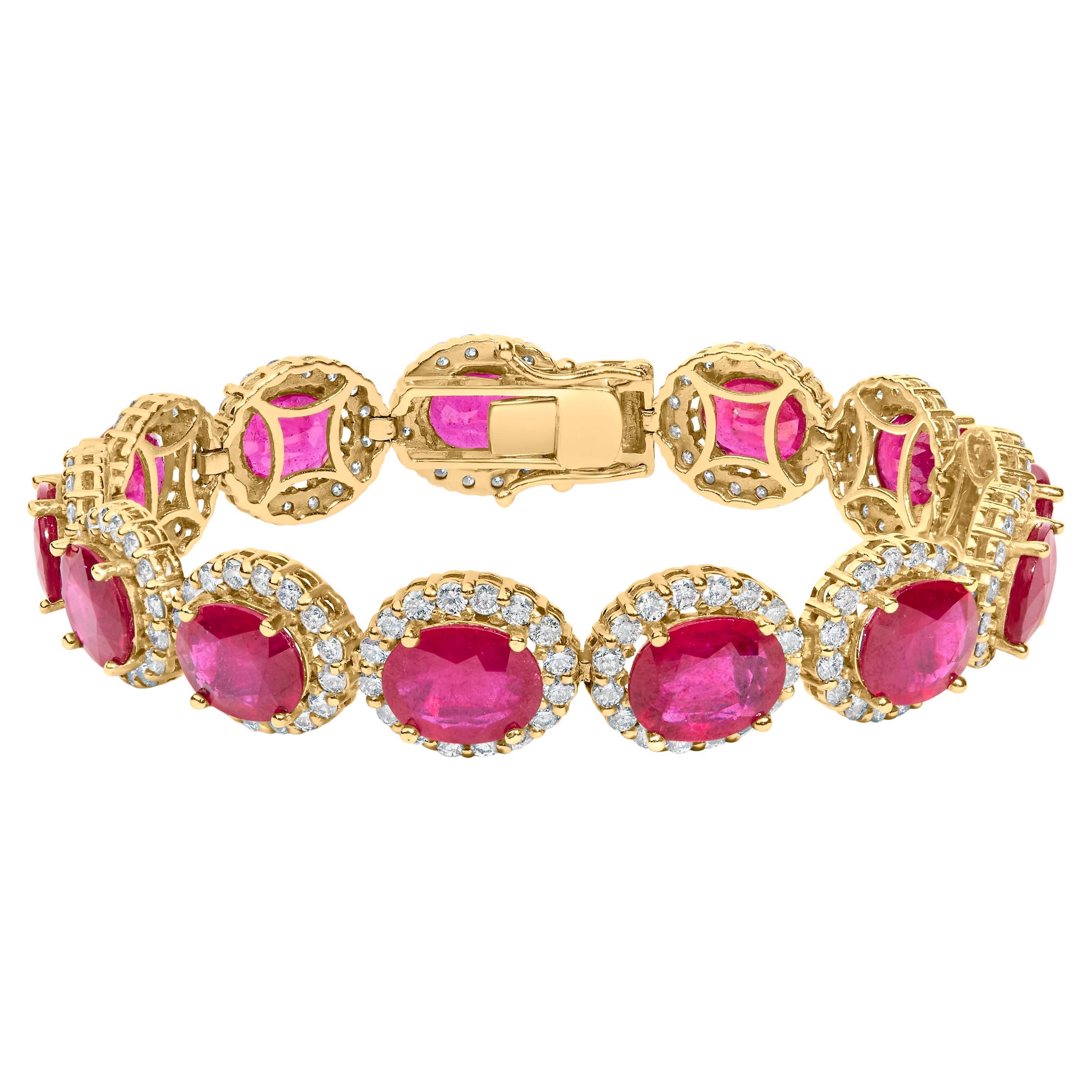 14K Yellow Gold 6 2/5 Cttw Diamond & 34.0 Cttw Oval Red Ruby Halo Link Bracelet