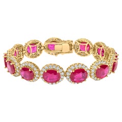 14K Gelbgold 6 2/5 Cttw Diamant & 34.0 Cttw Oval Roter Rubin Halo Gliederarmband