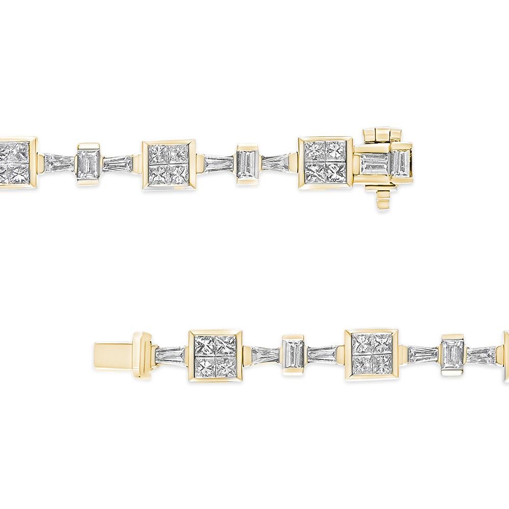 Modern and eye-catching, this elegant tennis bracelet is designed with asymmetrical links that shine in gleaming 14k yellow gold. Square gold links embellished with 4 princess-cut diamonds each alternate with smaller gold links set with baguette-cut