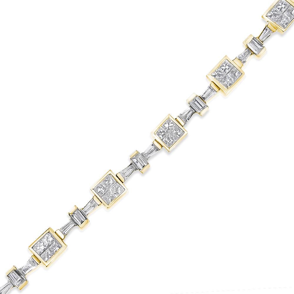 Contemporary 14K Yellow Gold 6 3/4 Carat Princess and Baguette-Cut Diamond Tennis Bracelet