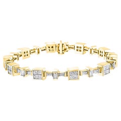 Bracelet tennis en or jaune 14 carats avec diamants princesse et diamants taille baguette de 6 3/4 carats