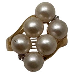 14k Yellow Gold ~ 6 ~ 6.5mm White Pearl Diamond Ring Size 6 1/2