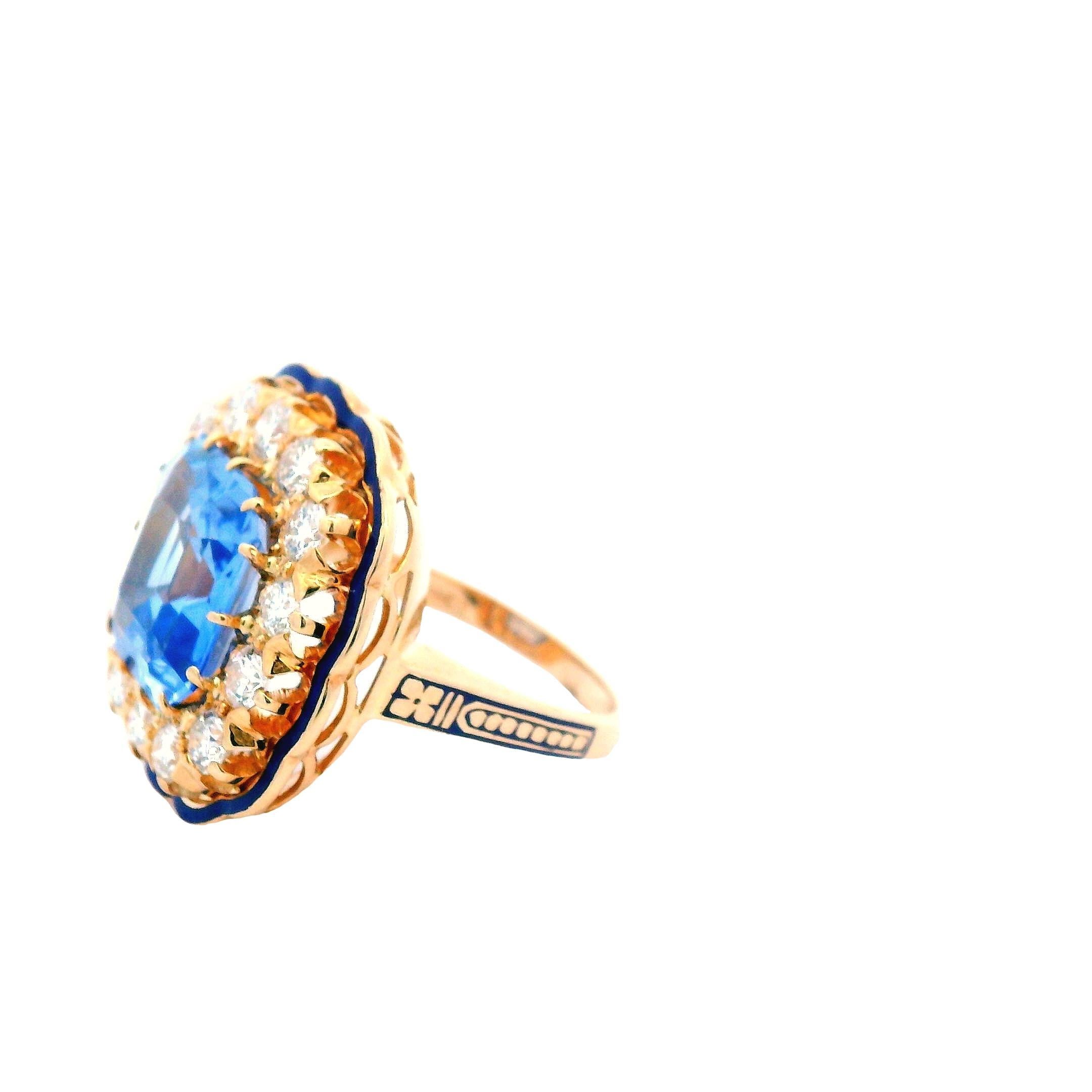 14K Yellow Gold 6+ Carat Square NO HEAT Ceylon Sapphire AGL and Diamond Ring For Sale 1