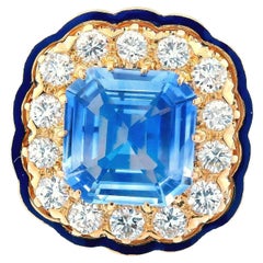 14K Yellow Gold 6+ Carat Square Cushion Ceylon Sapphire and Diamond Ring