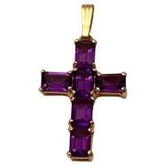 14k Yellow Gold 6 Emerald Shape Amethyst Stones 3/4" x 1 1/4" Cross