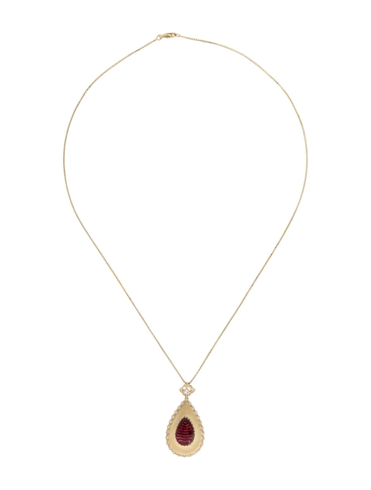 Artist 14K Yellow Gold 6.20ct Red Tourmaline Cabochon & Diamond Pendant Necklace For Sale