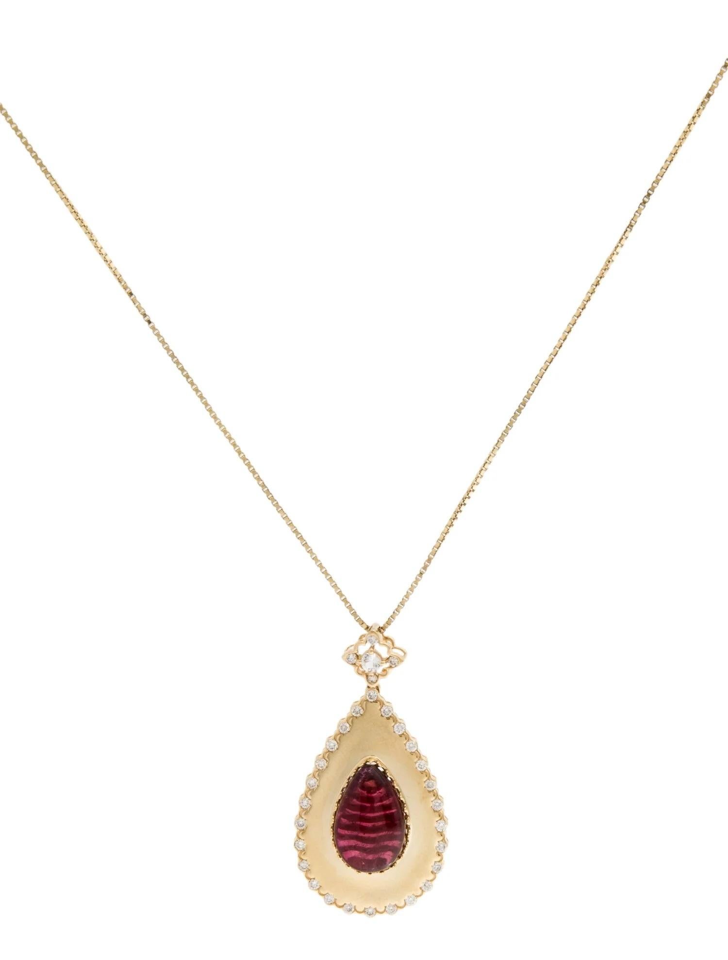 Round Cut 14K Yellow Gold 6.20ct Red Tourmaline Cabochon & Diamond Pendant Necklace For Sale