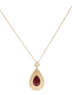 14K Yellow Gold 6.20ct Red Tourmaline Cabochon & Diamond Pendant Necklace