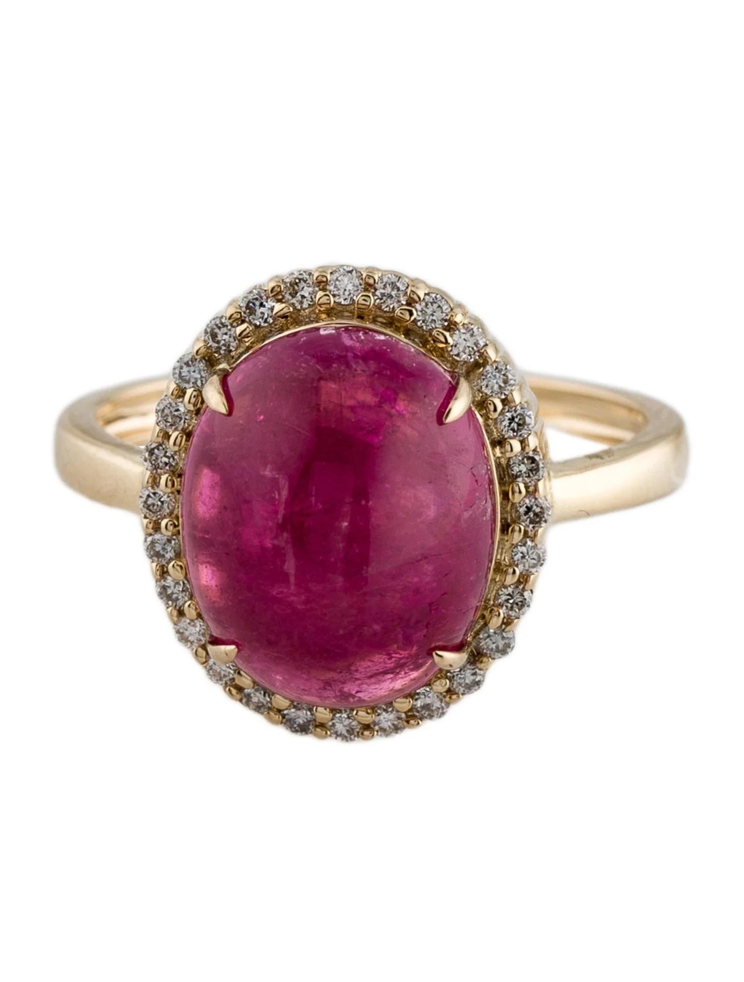 Artist 14K Yellow Gold 6.25ct Pink Tourmaline Cabochon & Diamond Cocktail Ring Size 7 For Sale