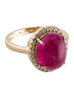 14K Yellow Gold 6.25ct Pink Tourmaline Cabochon & Diamond Cocktail Ring Size 7