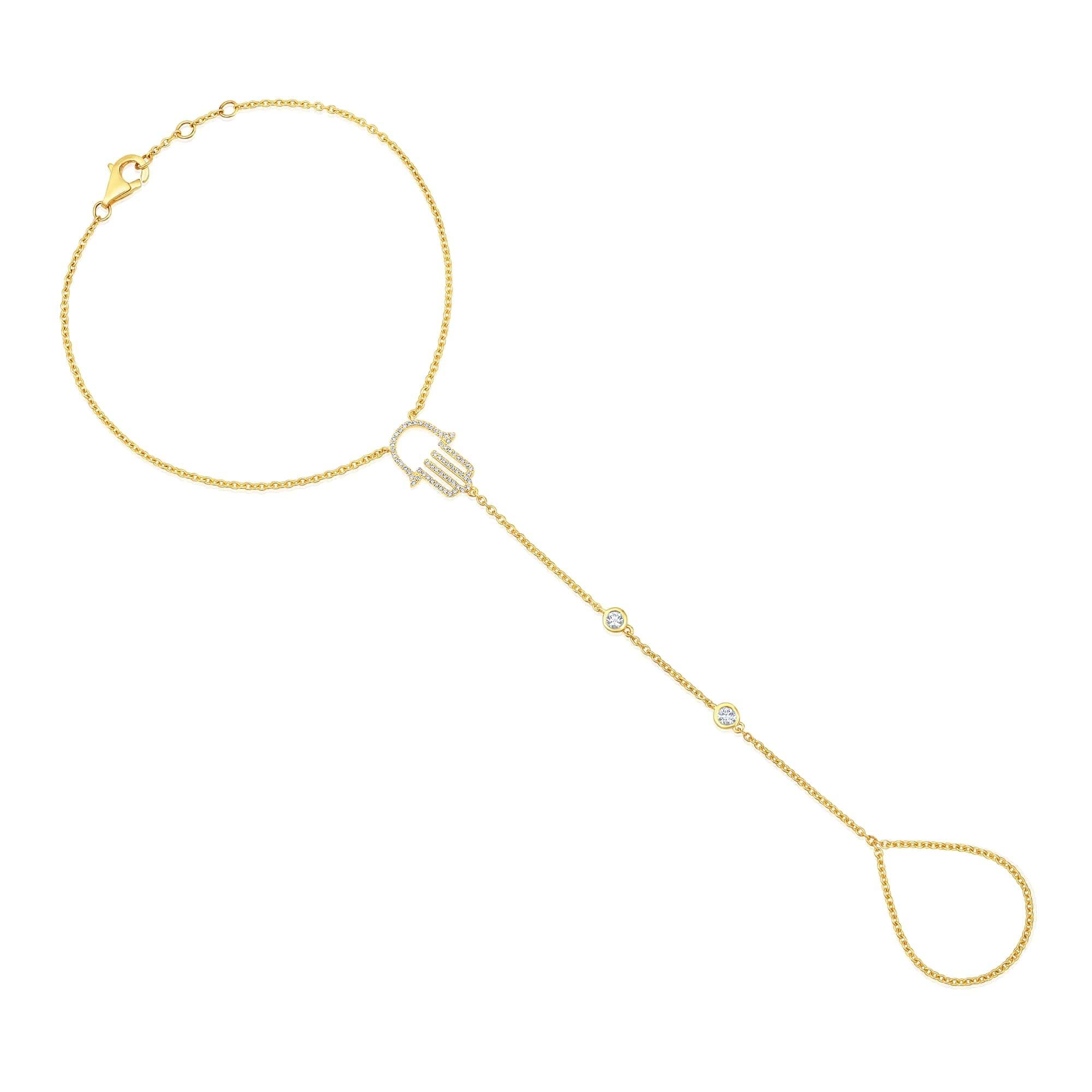 Moderno Catena a mano con 63 diamanti Guardian Hamsa in oro giallo 14 carati in vendita
