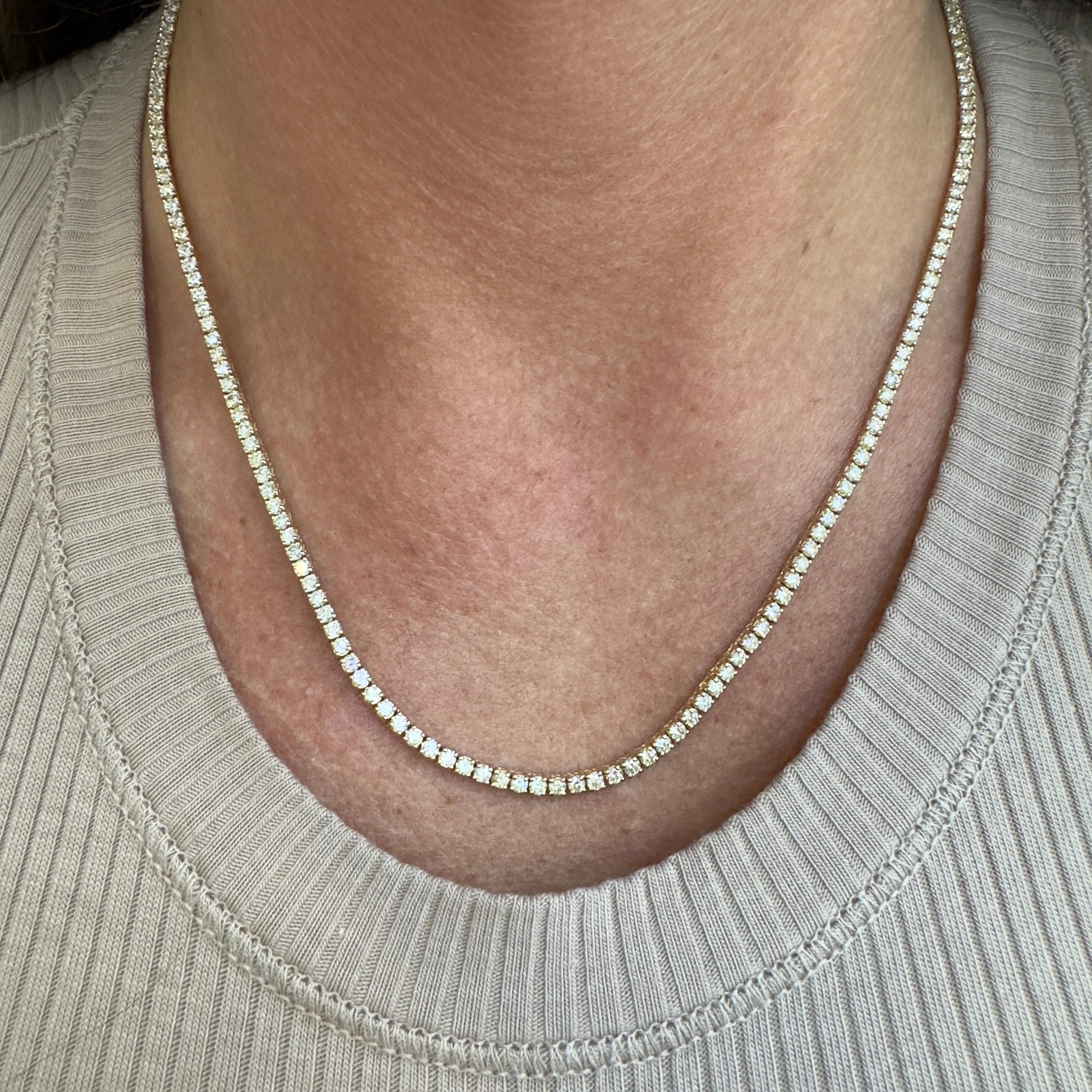 14K Yellow Gold 6.30ct Diamond Tennis Chain Necklace For Sale 1