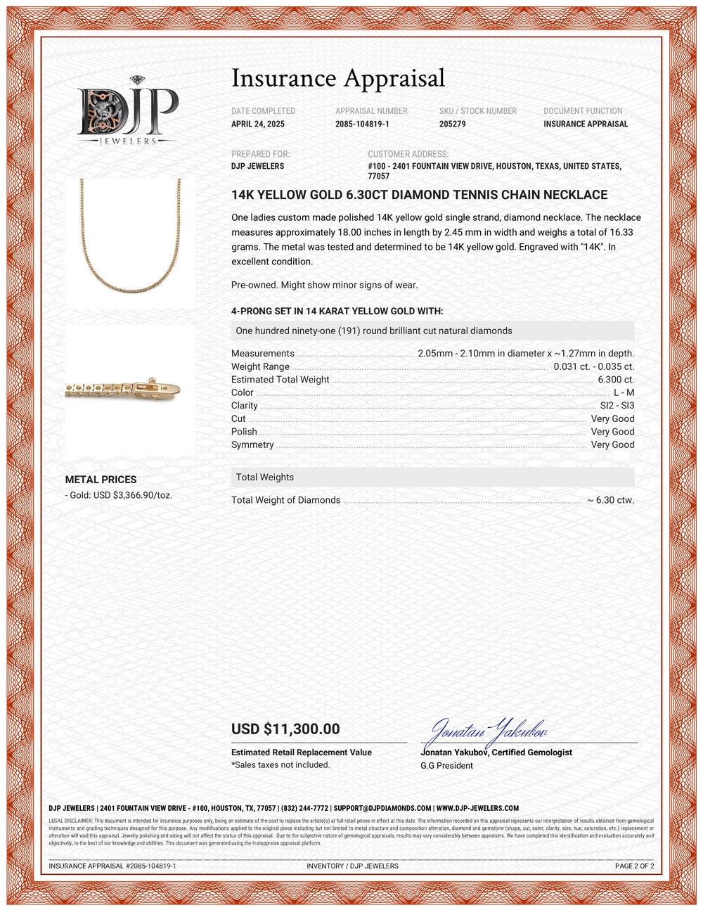 14K Yellow Gold 6.30ct Diamond Tennis Chain Necklace For Sale 2