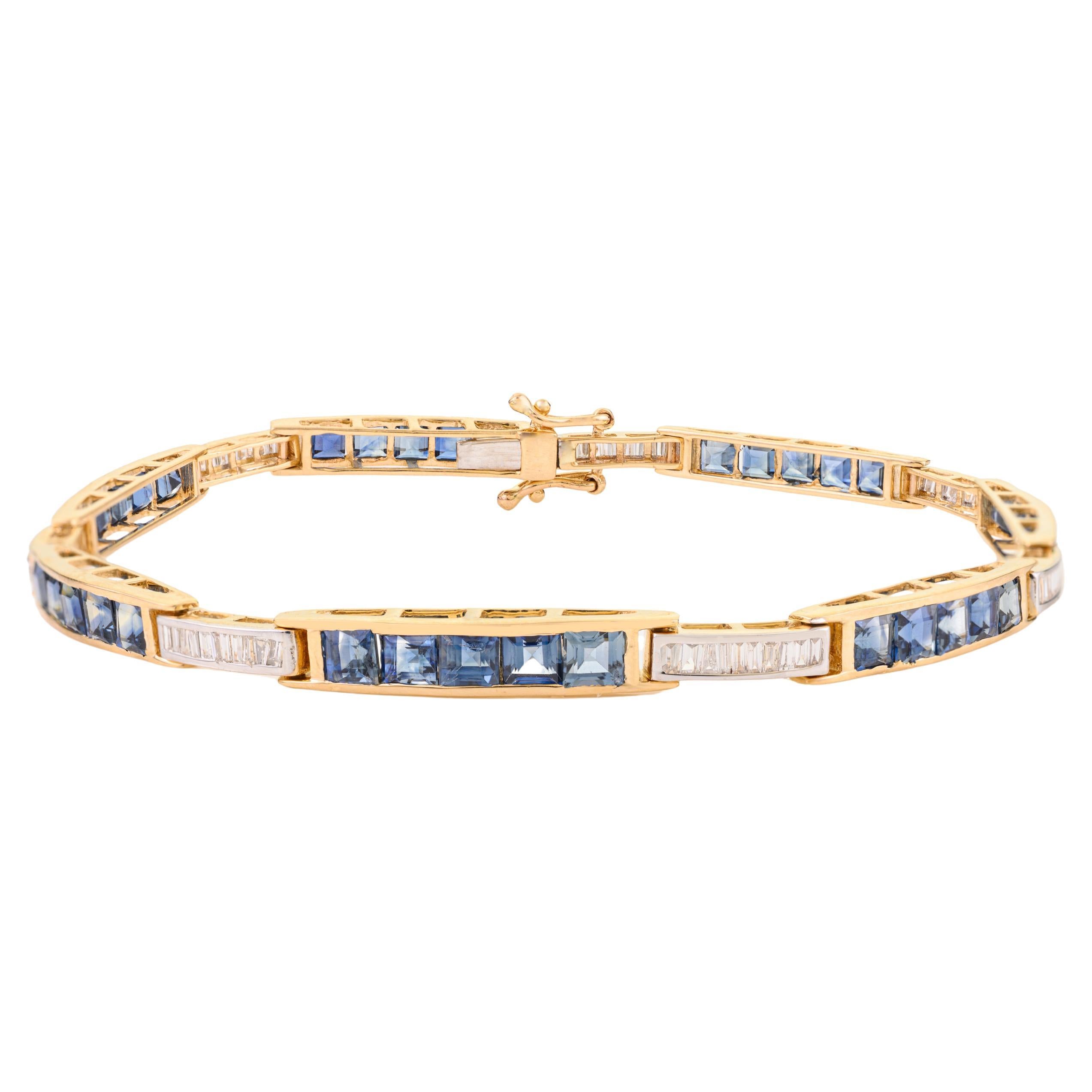 14K Yellow Gold 6.44 Ct Blue Sapphire 
Diamond Baguette Tennis Bracelet for Her