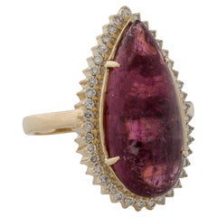 14K Yellow Gold 6.48ct Pear Shaped Pink Tourmaline & Diamond Cocktail Ring, Size
