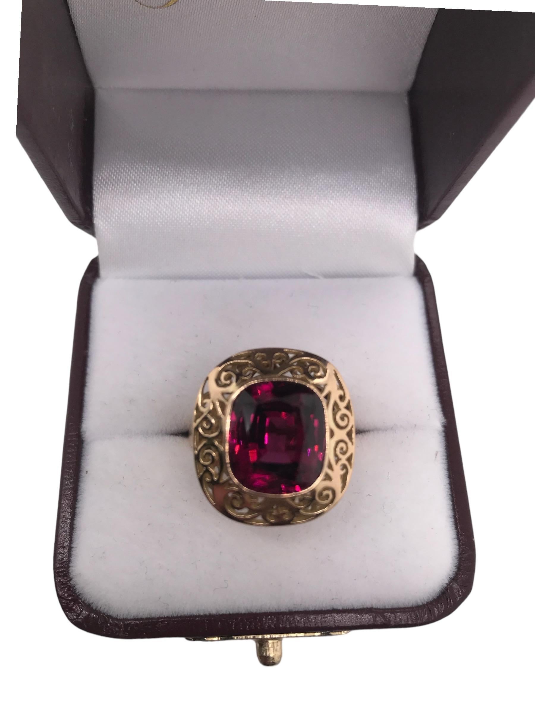 14K Yellow Gold 6.5 Carat Rhodolite Garnet Ring For Sale 8