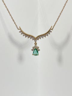 14K Yellow Gold .65 CT Pear Emerald and .60 CTW Diamond Necklace