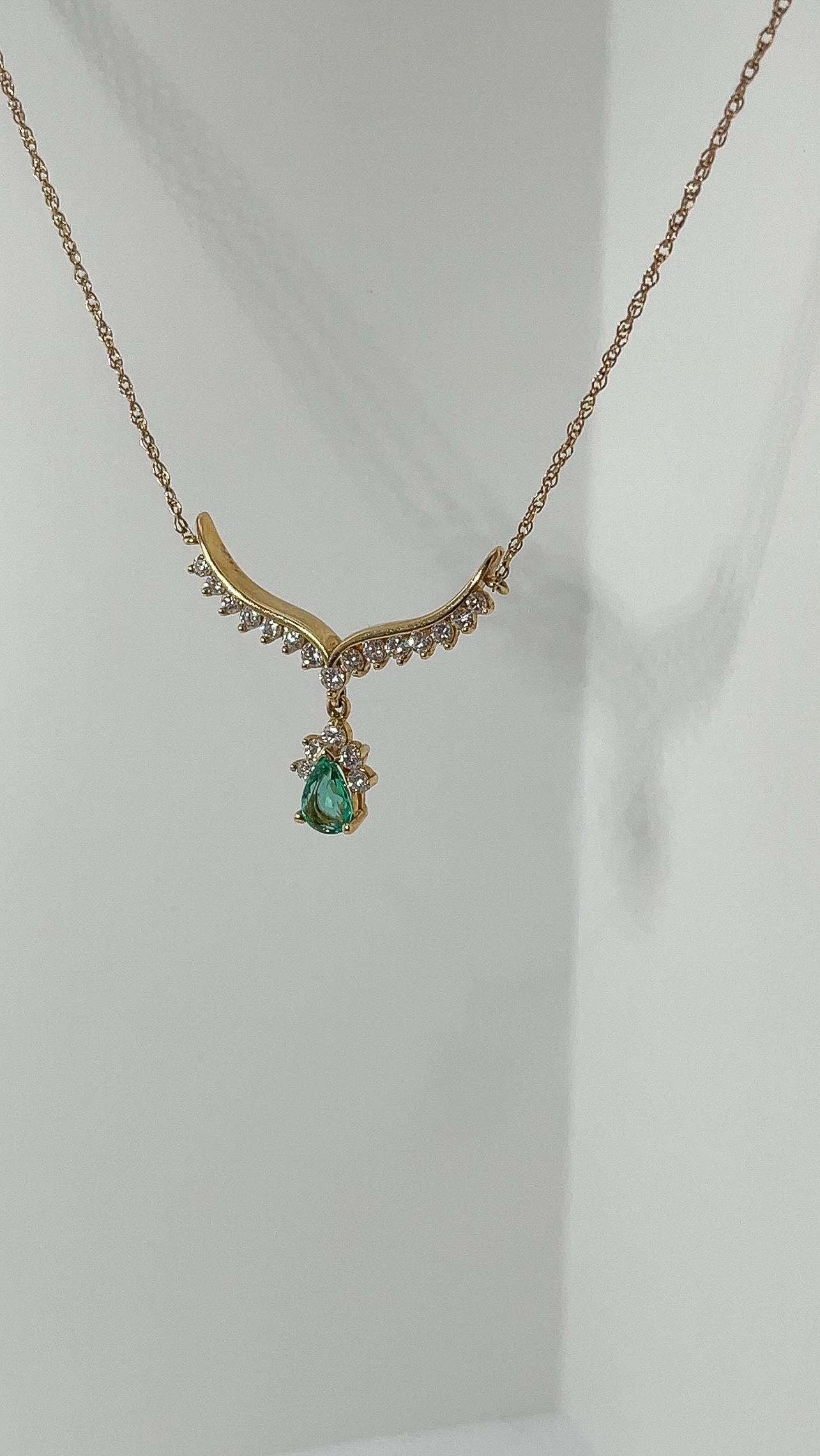 Pear Cut 14K Yellow Gold .65 CT Pear Emerald and .60 CTW Diamond Necklace For Sale