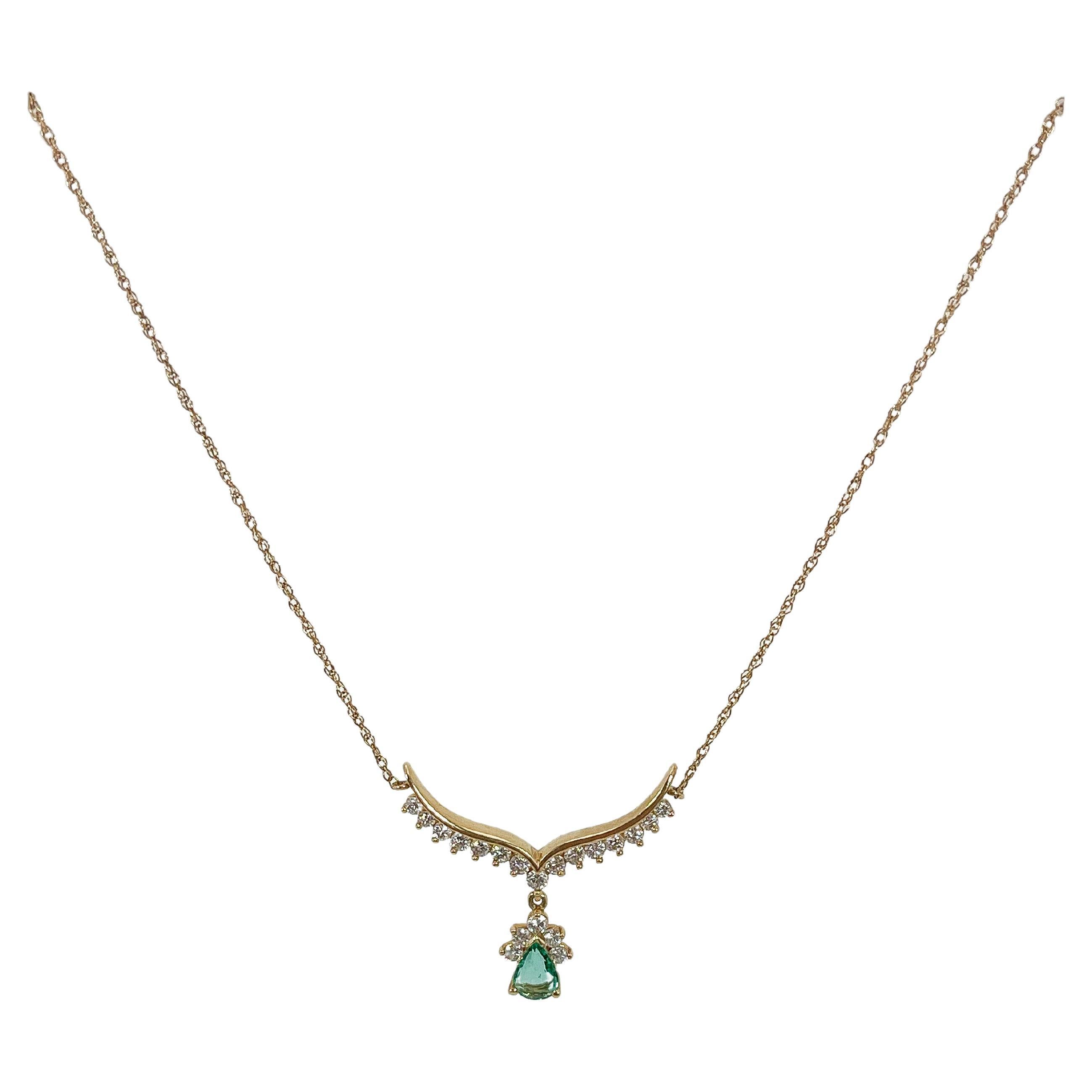 14K Yellow Gold .65 CT Pear Emerald and .60 CTW Diamond Necklace For Sale