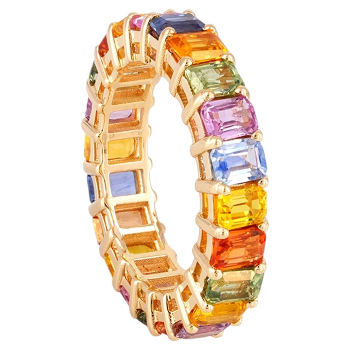 14K Yellow Gold 6.56 Carat Rainbow Multi-Sapphire Eternity Band Engagement Ring