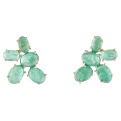 14K Yellow Gold 6.66ctw Emerald Drop Earrings Featuring Oval Cabochon Emeralds