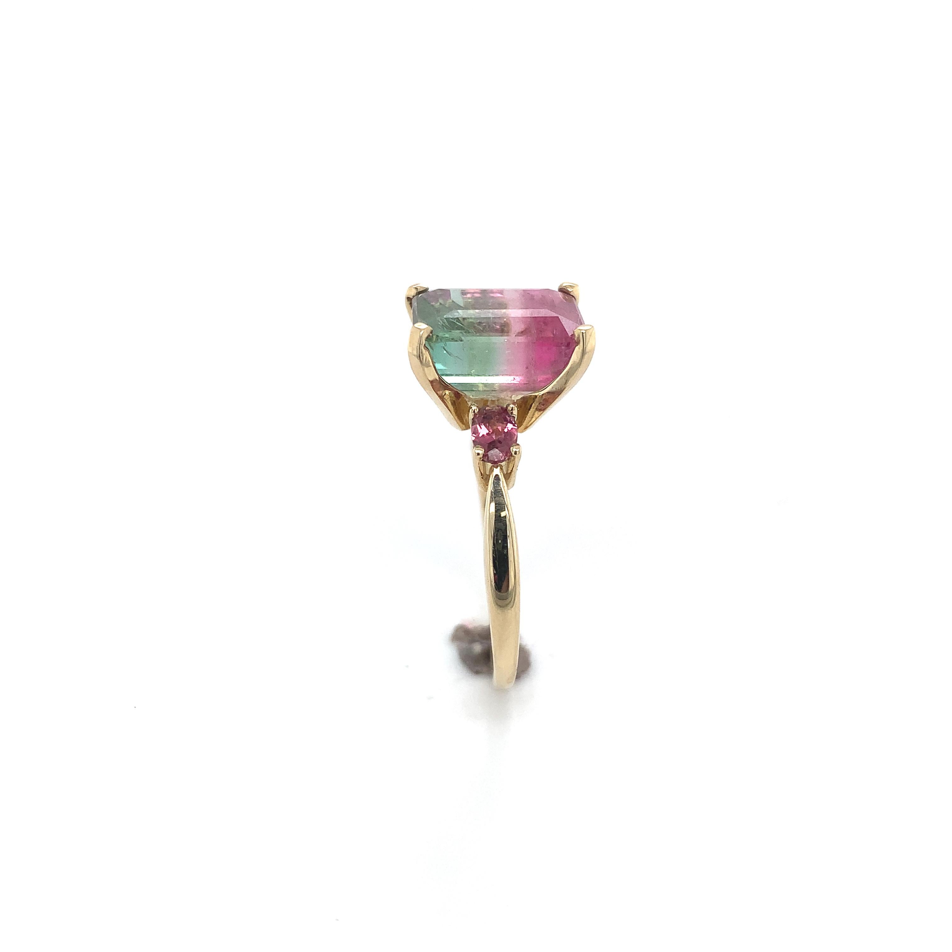 Emerald Cut 14K Yellow Gold 6.71 carat Bi-color Watermelon Tourmaline Ring