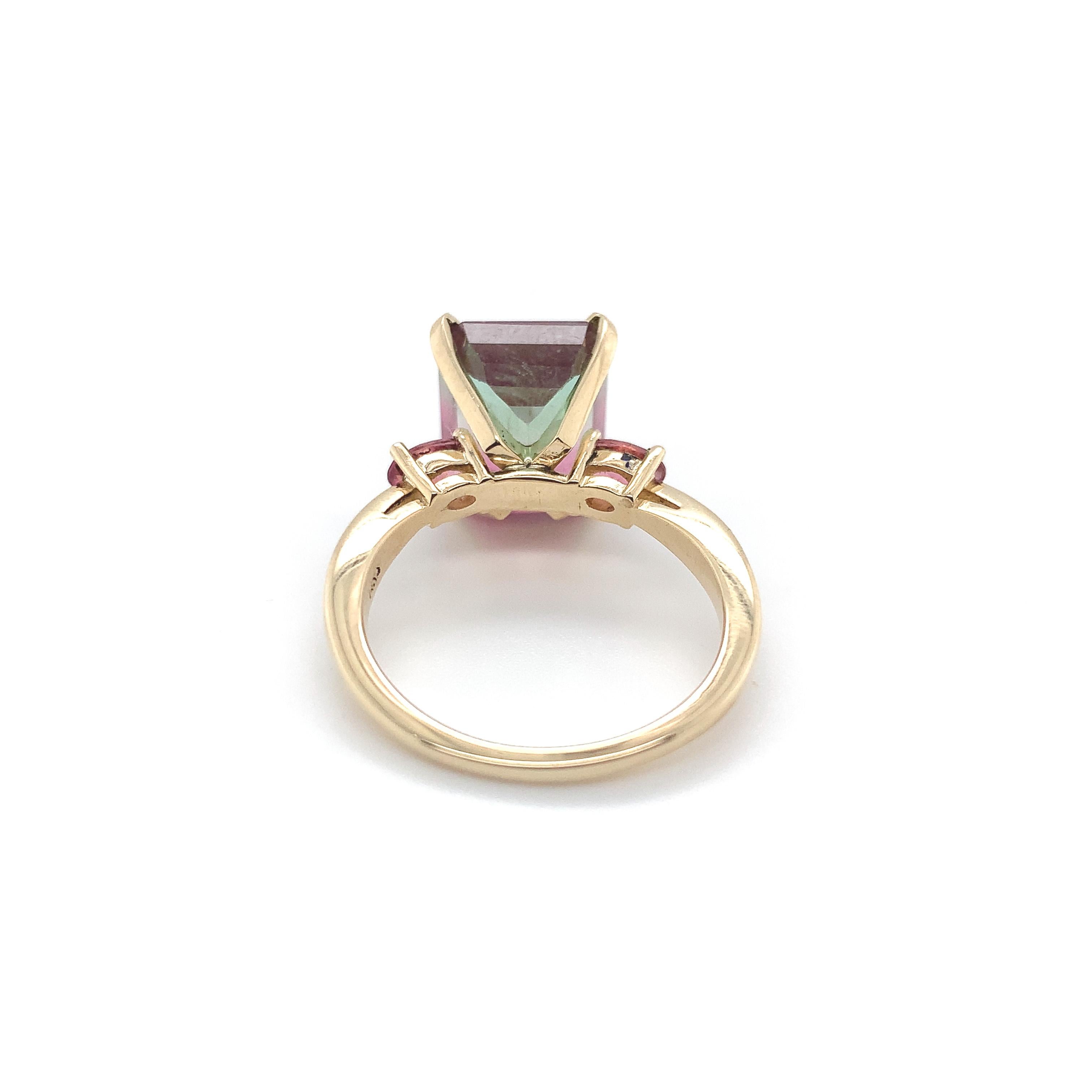 14K Yellow Gold 6.71 carat Bi-color Watermelon Tourmaline Ring In New Condition For Sale In Big Bend, WI
