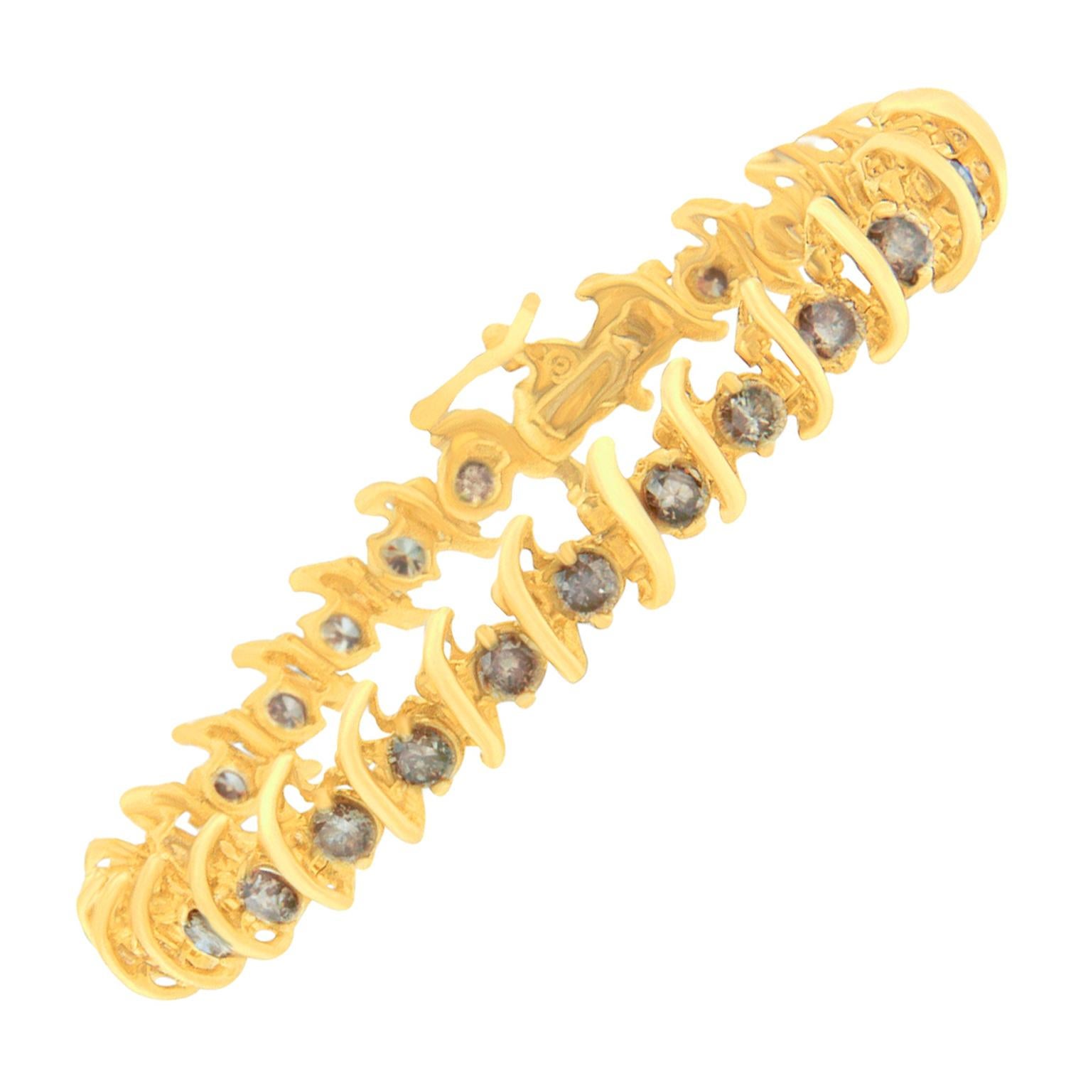 Bracelet S en or jaune 14 carats avec diamants taille ronde 6 carats TDW, K-L, I1-I2