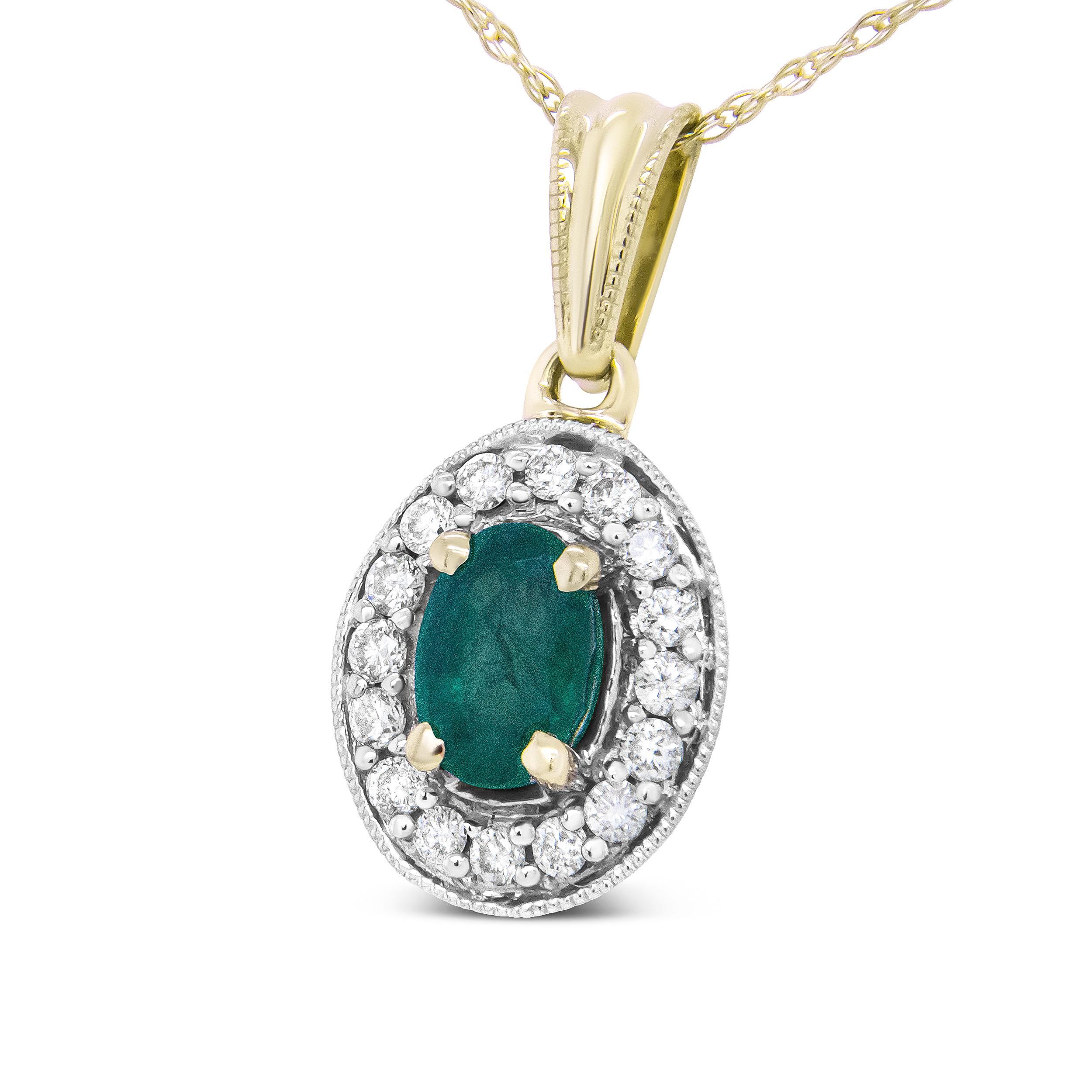 This diamond and emerald pendant necklace will turn heads with its classy elegance and lovely sparkle. Nestled at the center in a prong setting is a 6x4mm oval Emerald, a gemstone known as a May birthstone. All around, the dazzle of diamonds creates