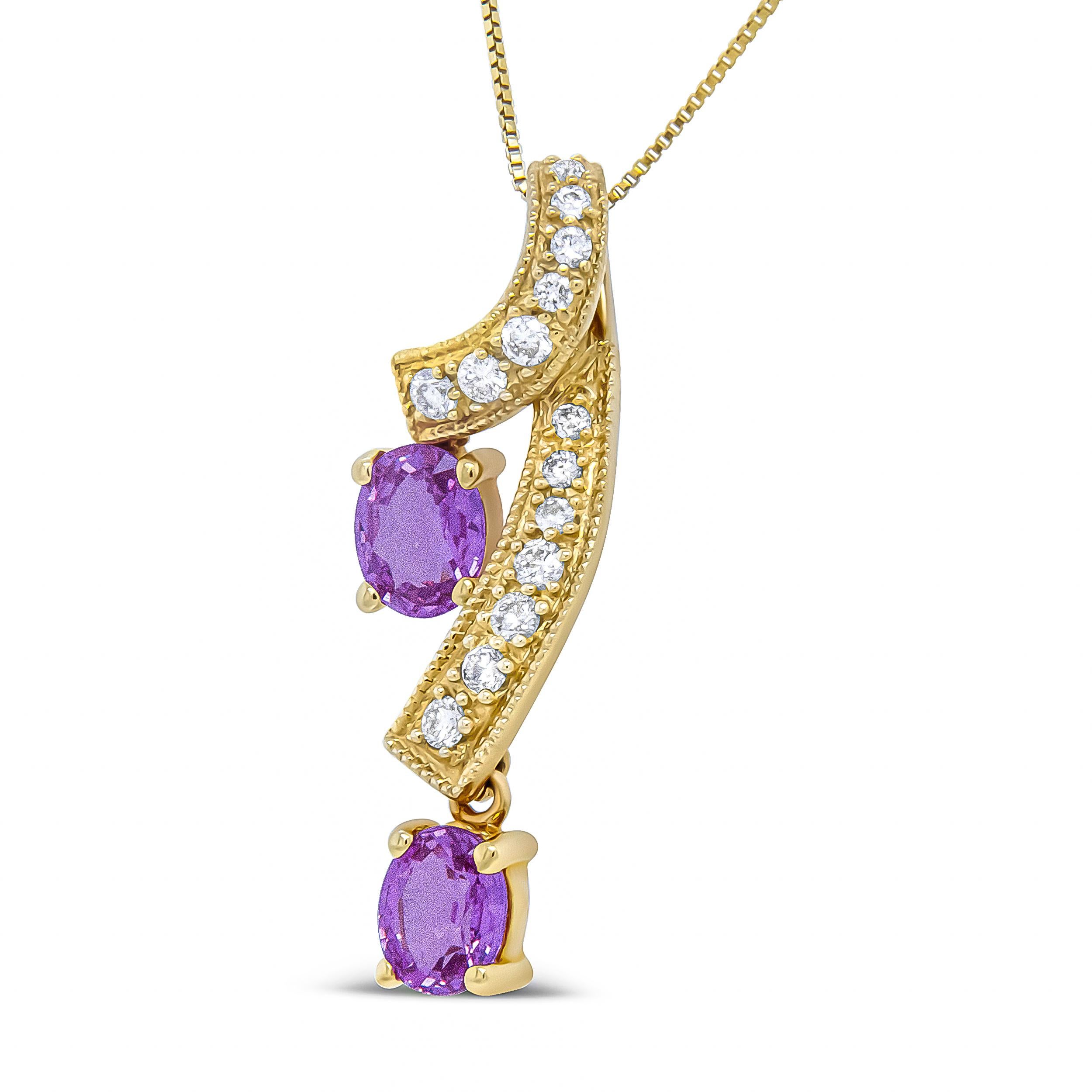 This unique pendant necklace is sure to turn heads. The pendant features a a ribbon of diamond accented 14K Yellow Gold weaving through down neckline. The diamond studded ribbon ends with 2 beautiful, natural pink sapphires. Radiating a glorious