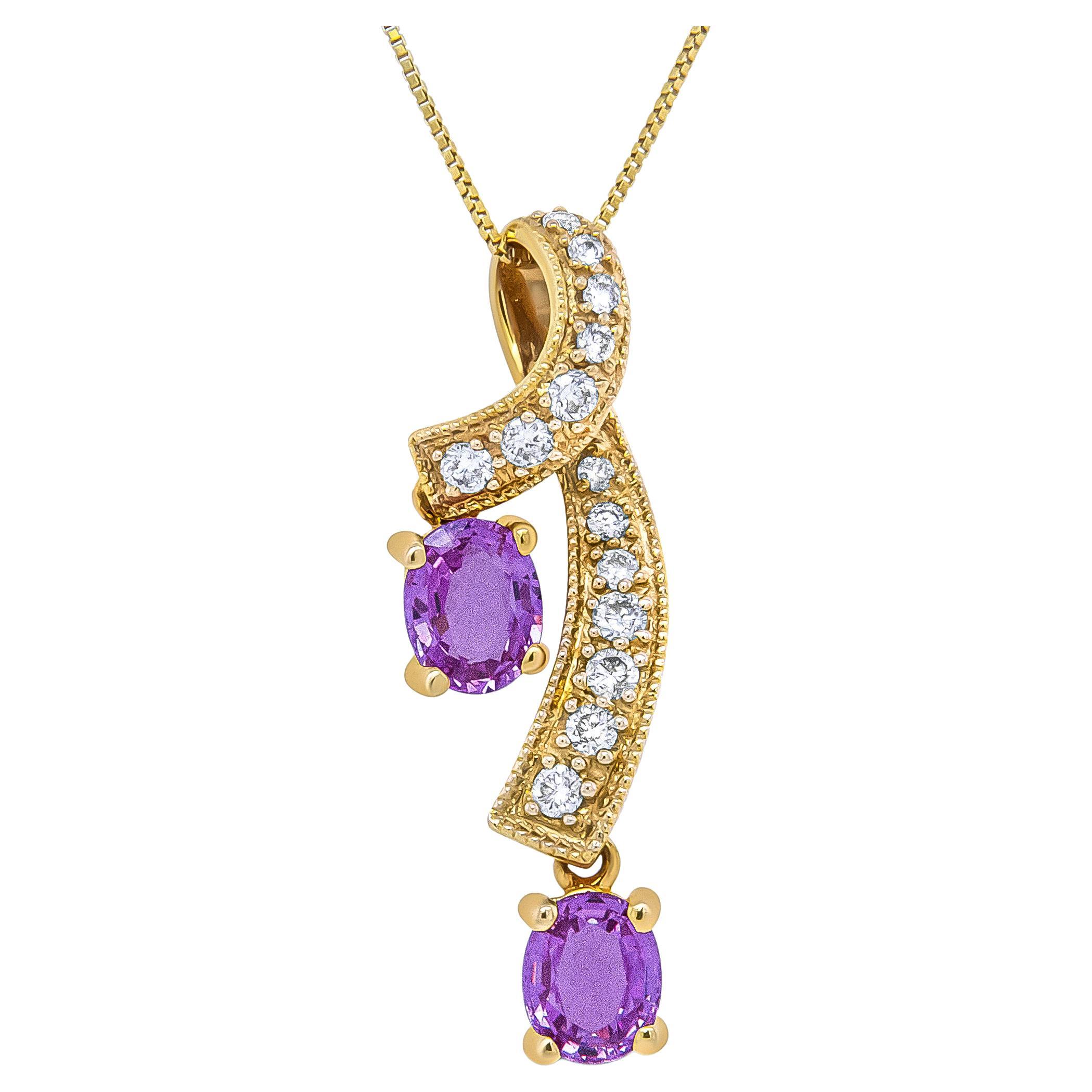 14K Yellow Gold Pink Sapphire & 1/5 Carat Round Diamond Pendant Necklace For Sale