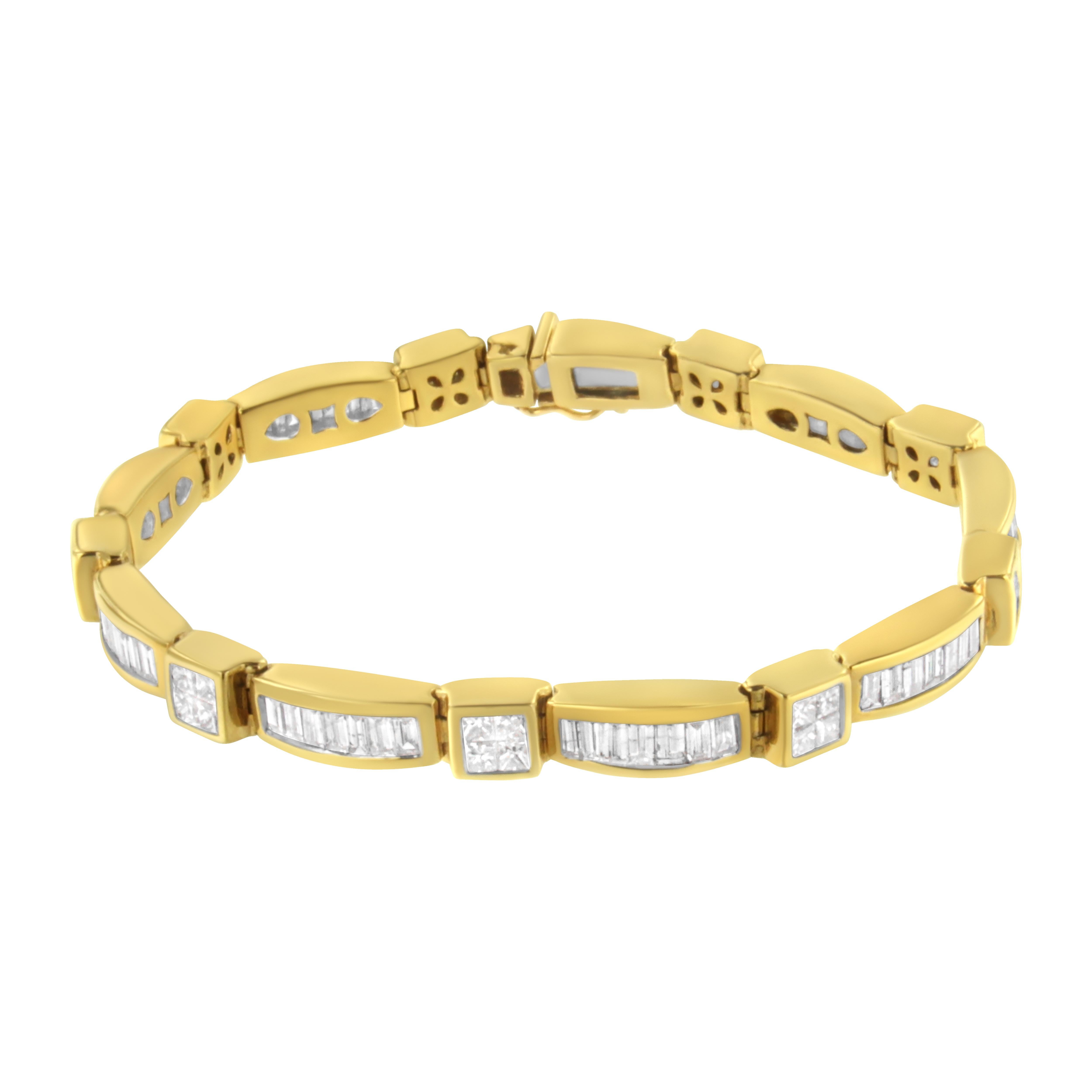 Make any occasion a special occasion by gifting this stunning diamond bracelet. Designed in a unique geometric shape with elegance, it is crafted of rich 14 karats yellow gold. And feature the adornment with a shimmering princess and baguette cut