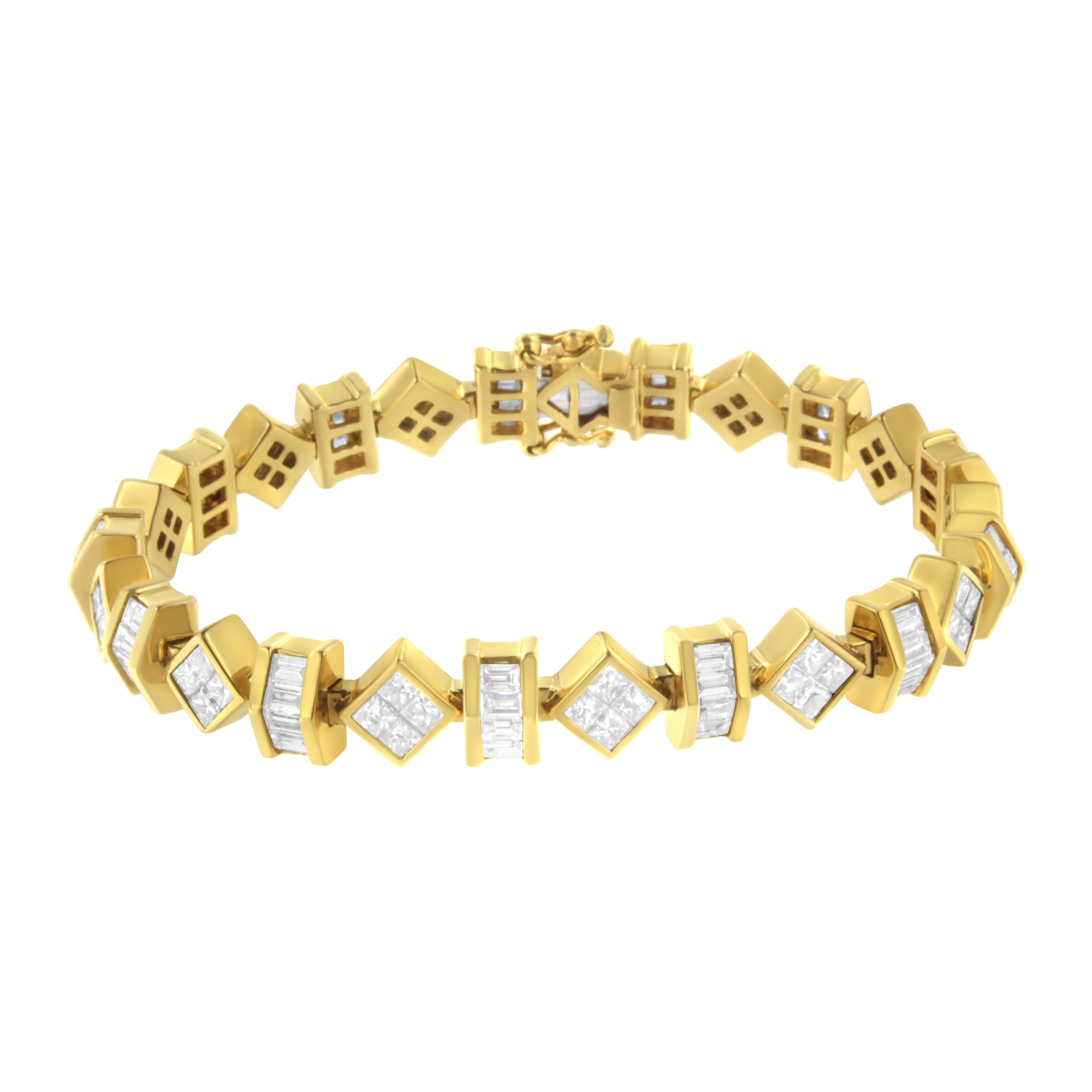 Add style and glamor to any occasion with this gleaming jewelry. Stunning and lightweight, this diamond tennis bracelet is created with rich 14 karats yellow gold. Polished high to shine, this neo-modernist banded bracelet has an alternating pattern