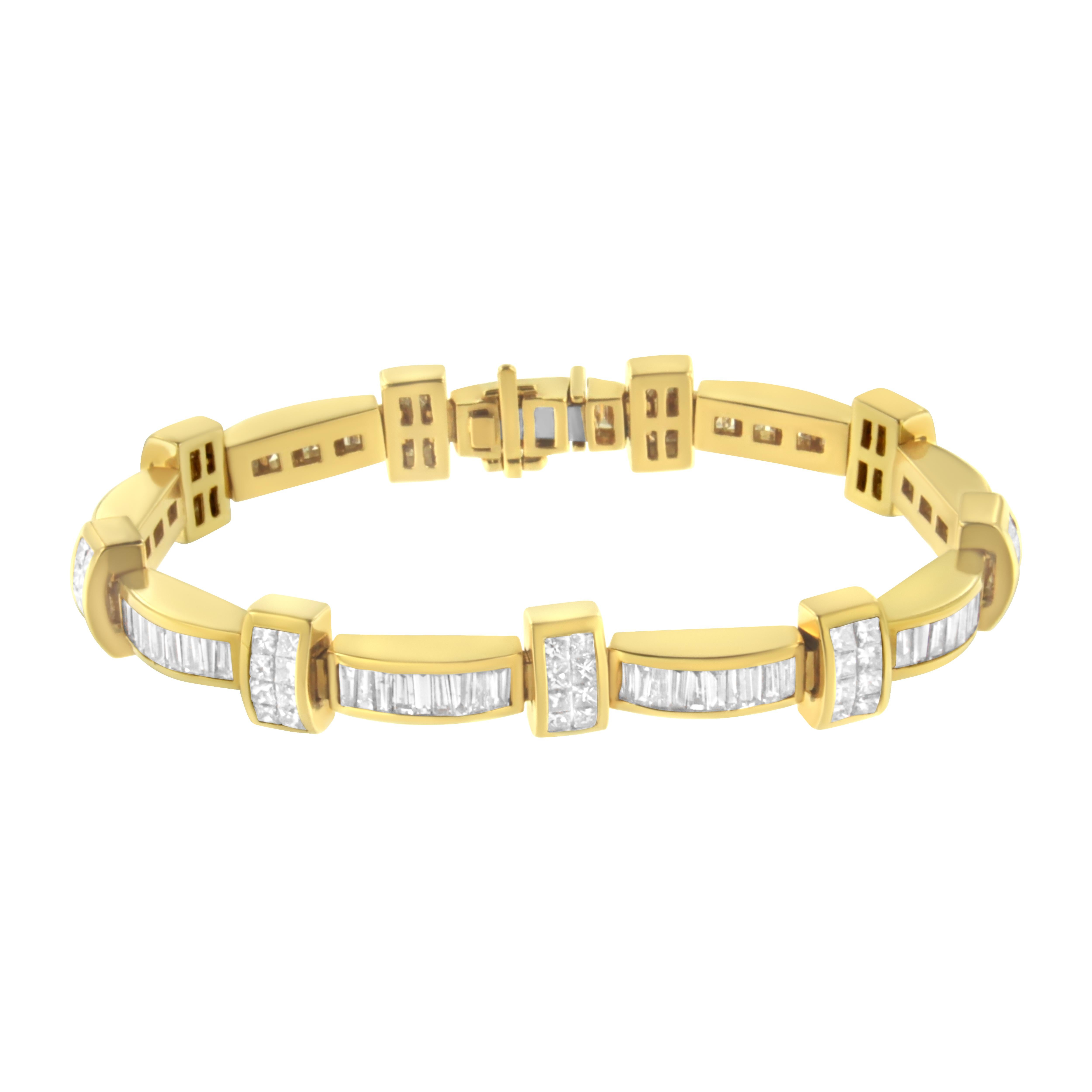 Combining the shine of 18 karat yellow gold and the sparkle of over 7 carats of diamonds, this chic bracelet makes a dramatic style statement, with connecting bands of princess cut and baguette stones all around.

