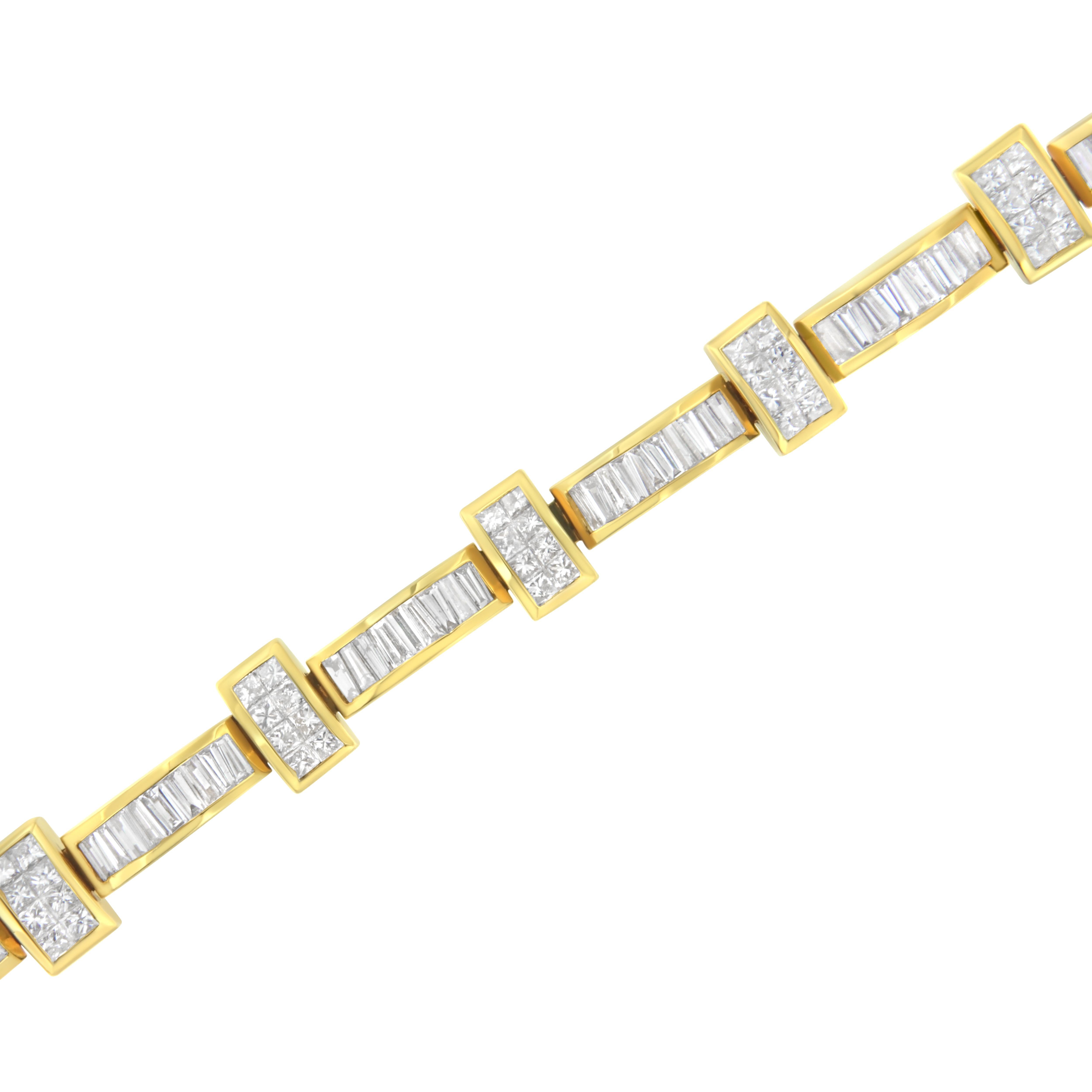 Contemporary 14K Yellow Gold 7 3/8 Carat Princess and Baguette Cut Diamond Bar Link Bracelet For Sale