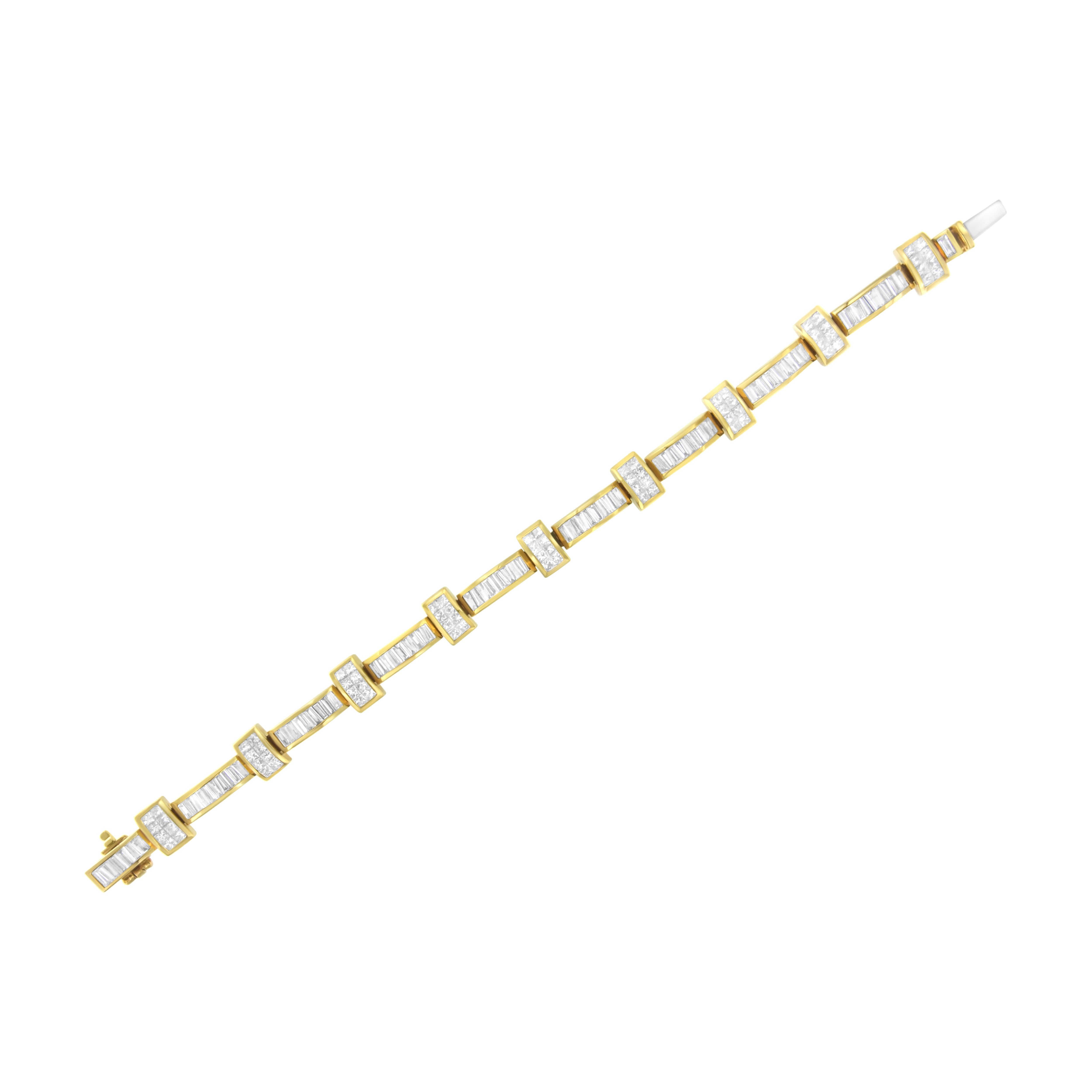 14K Yellow Gold 7 3/8 Carat Princess and Baguette Cut Diamond Bar Link Bracelet In New Condition For Sale In New York, NY