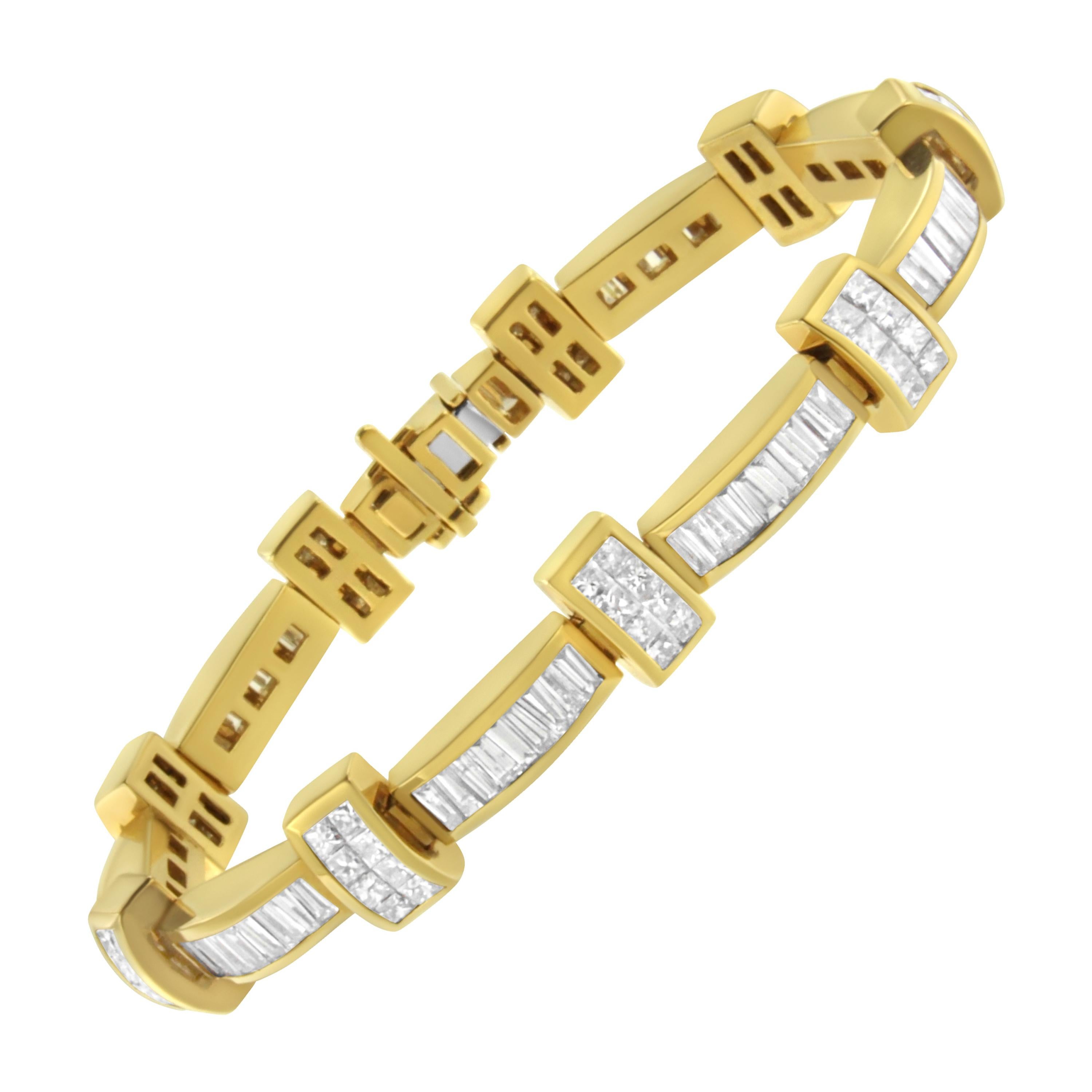 14K Yellow Gold 7 3/8 Carat Princess and Baguette Cut Diamond Bar Link Bracelet For Sale