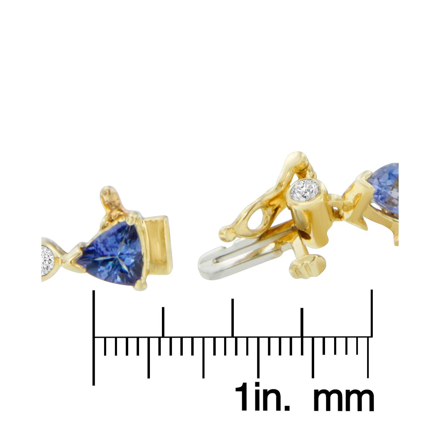 Brilliant Cut 14K Yellow Gold 7/8 Carat Diamond and Blue Triangle Tanzanite Bracelet For Sale