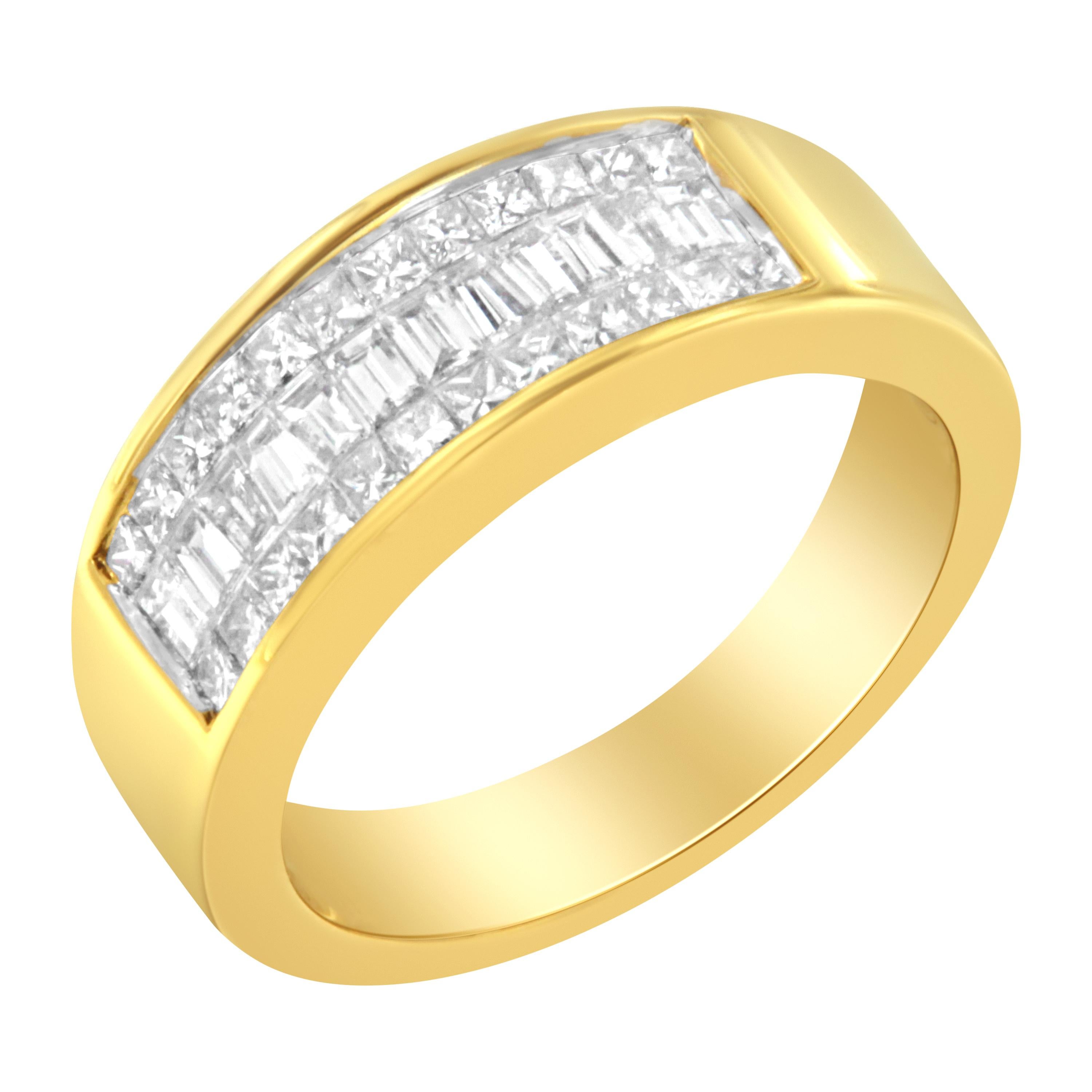 A triple row of glittering princess and baguette-cut diamonds adorn this gorgeous ring design. Crafted in polished warm 14k yellow gold, this band ring showcases 38 natural, sparkling diamonds channel set in three rows for a total carat weight of