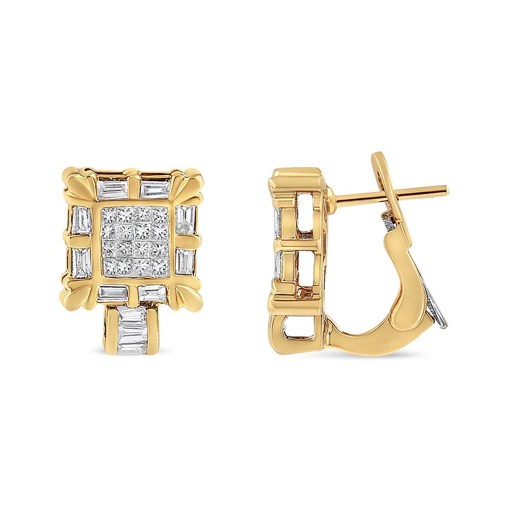 Contemporain Créoles huggies en or jaune 14 carats avec diamants taille princesse et baguette de 7/8 carats en vente